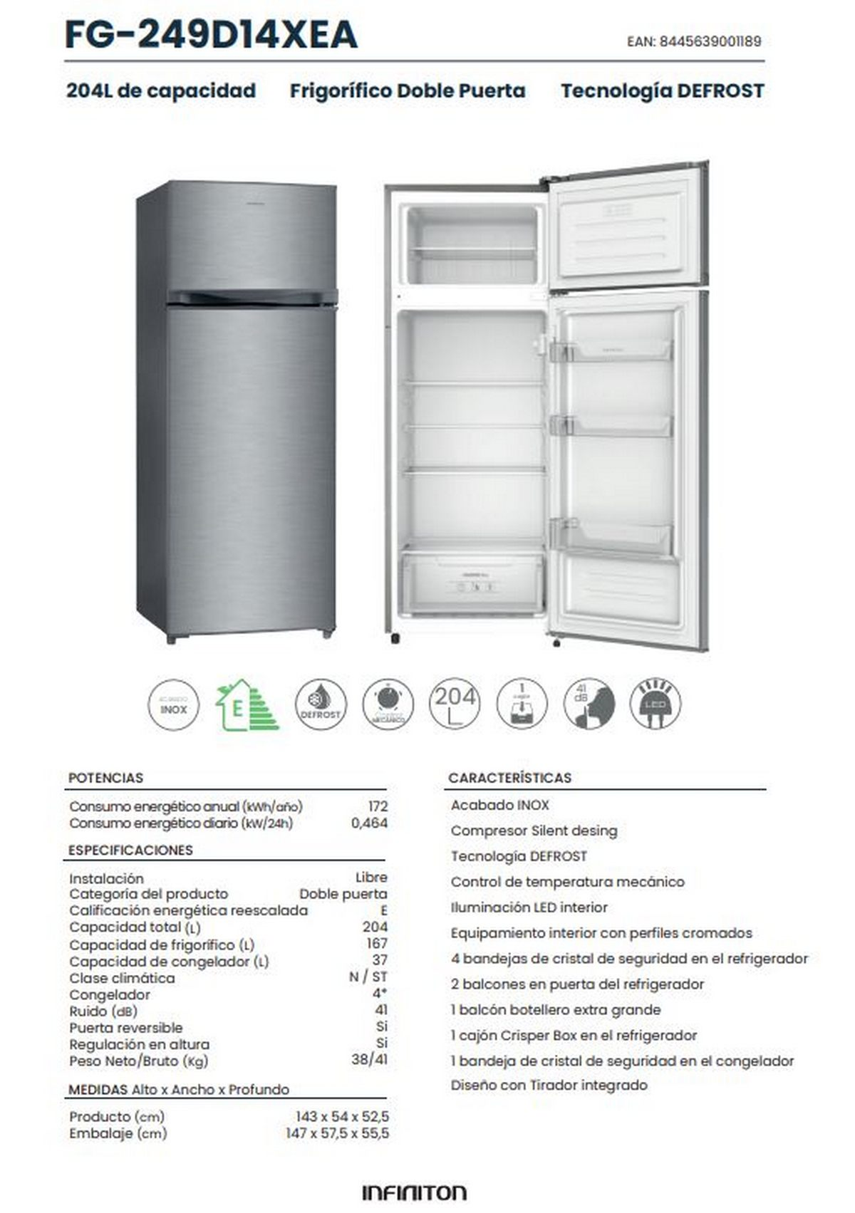 Refrigerador de doble puerta con puertas abiertas, mostrando el interior.