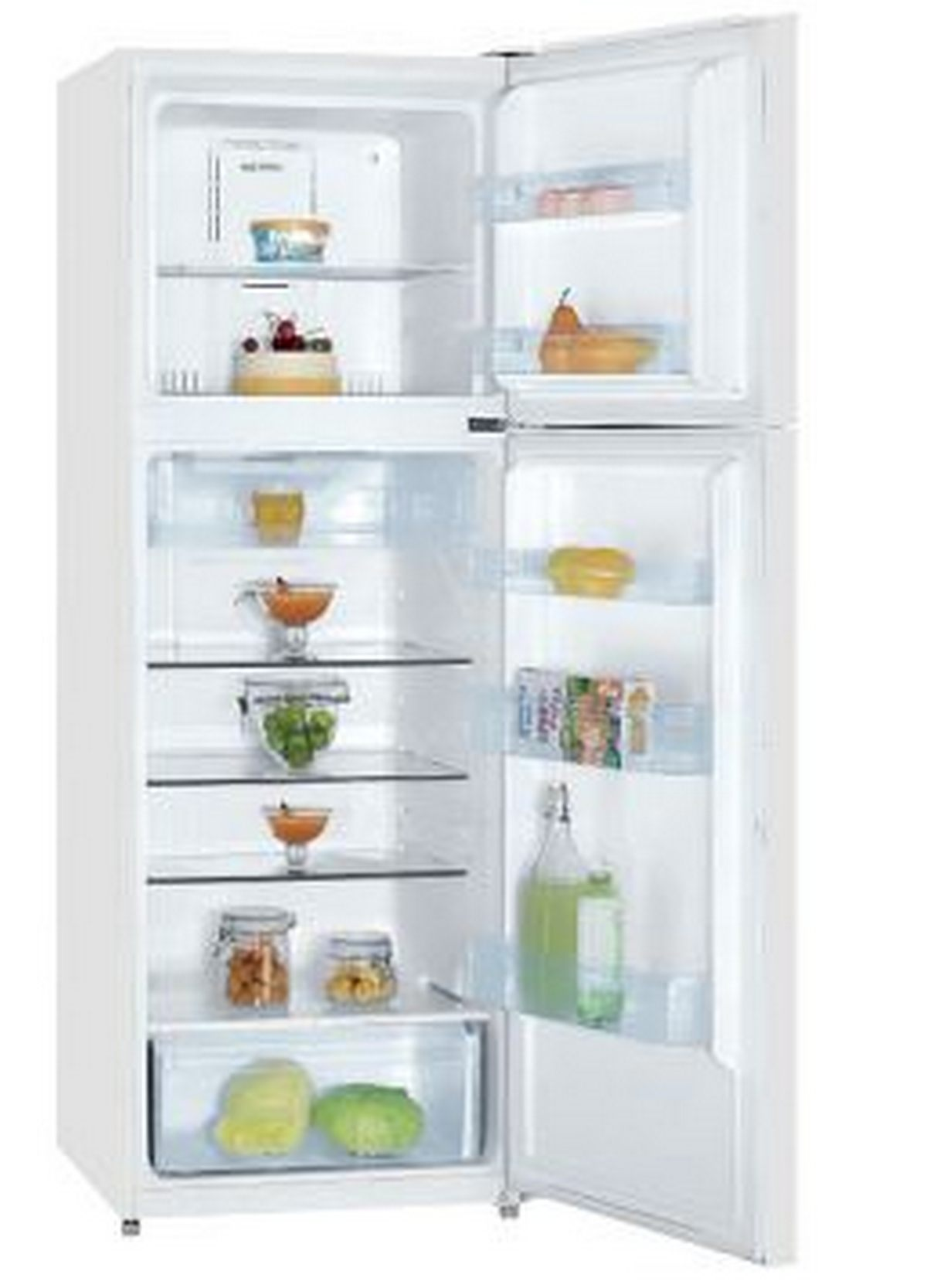 Refrigerador blanco con puertas abiertas. Dentro, alimentos en estantes, incluyendo frutas y postres.