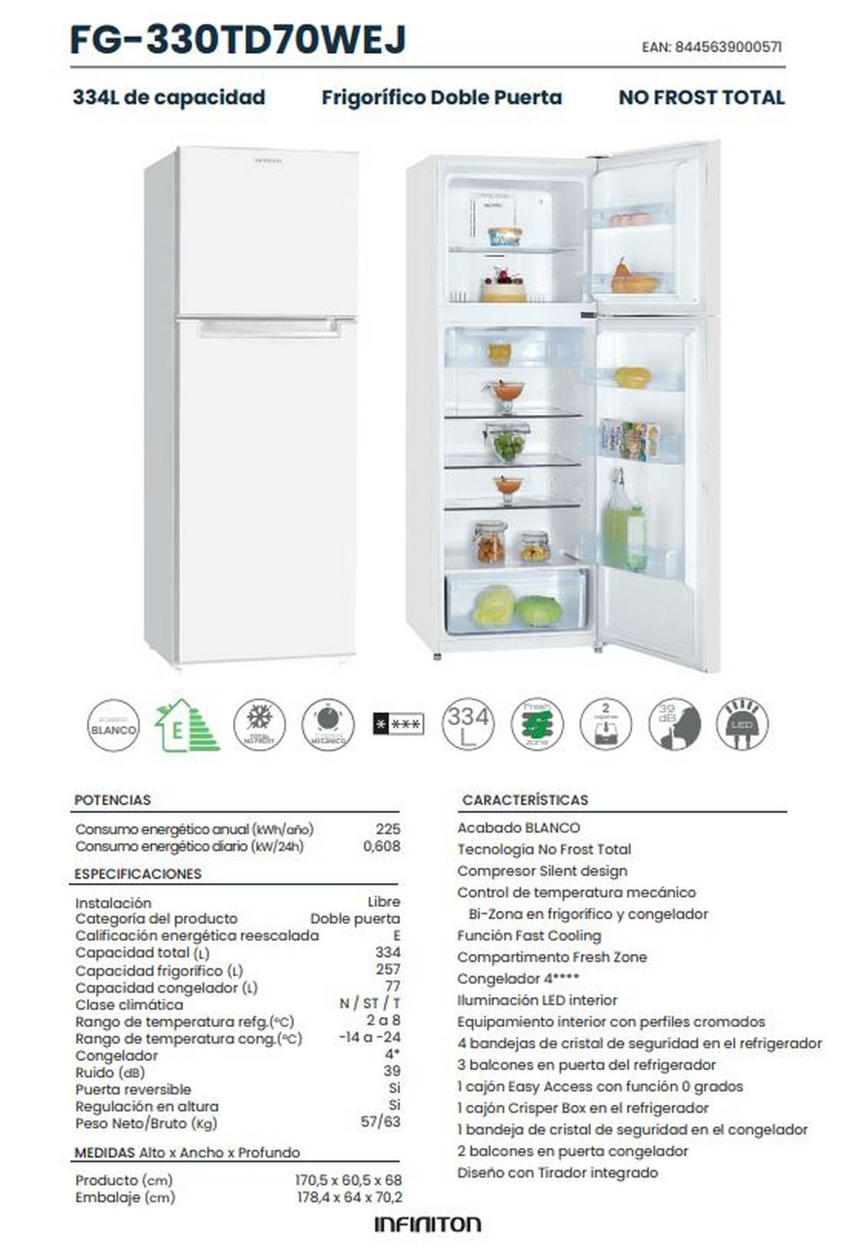 Refrigerador blanco de doble puerta con especificaciones a la izquierda y características a la derecha.