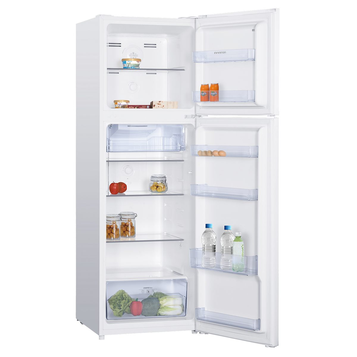 Refrigerador blanco con puertas abiertas, mostrando estantes con alimentos.
