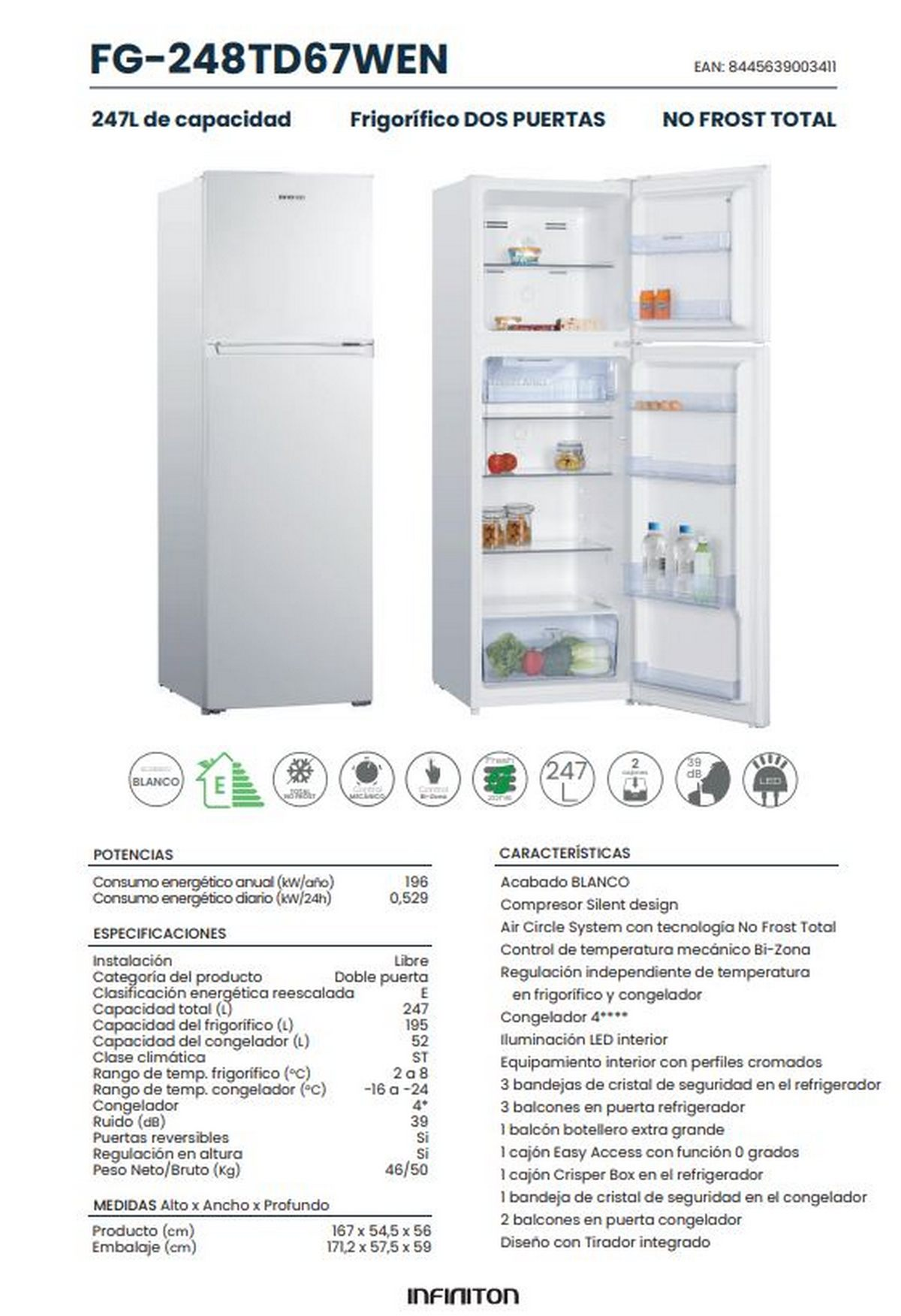Un refrigerador blanco de dos puertas con congelador en la parte superior. Tiene una etiqueta con especificaciones y detalles de energía.