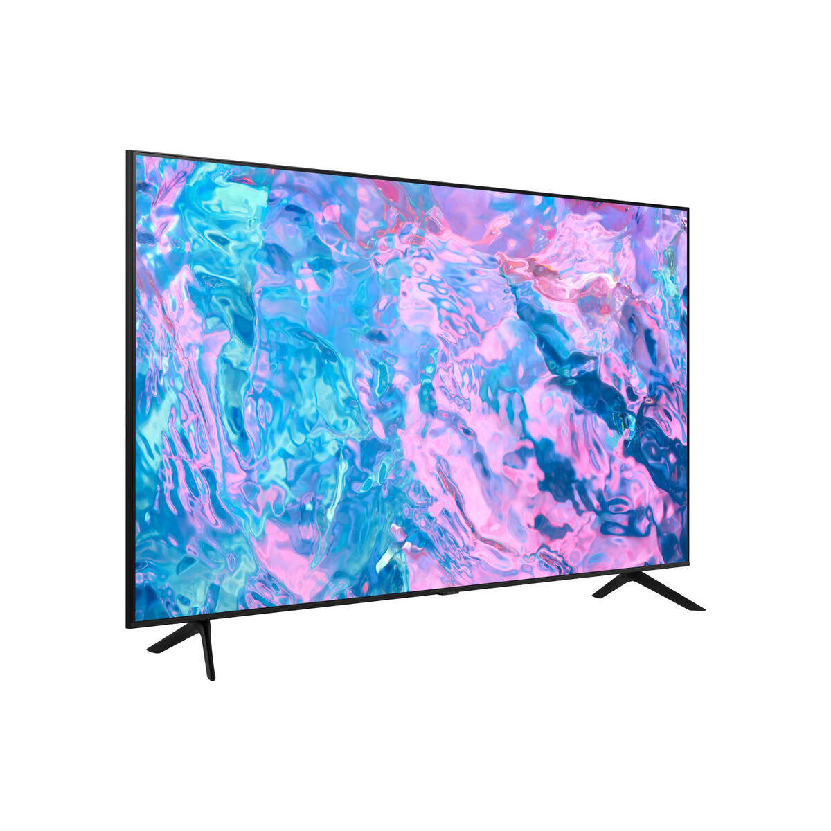 Ein großer Flachbildfernseher mit lebendigem, farbenfrohem Display auf weißem Grund.