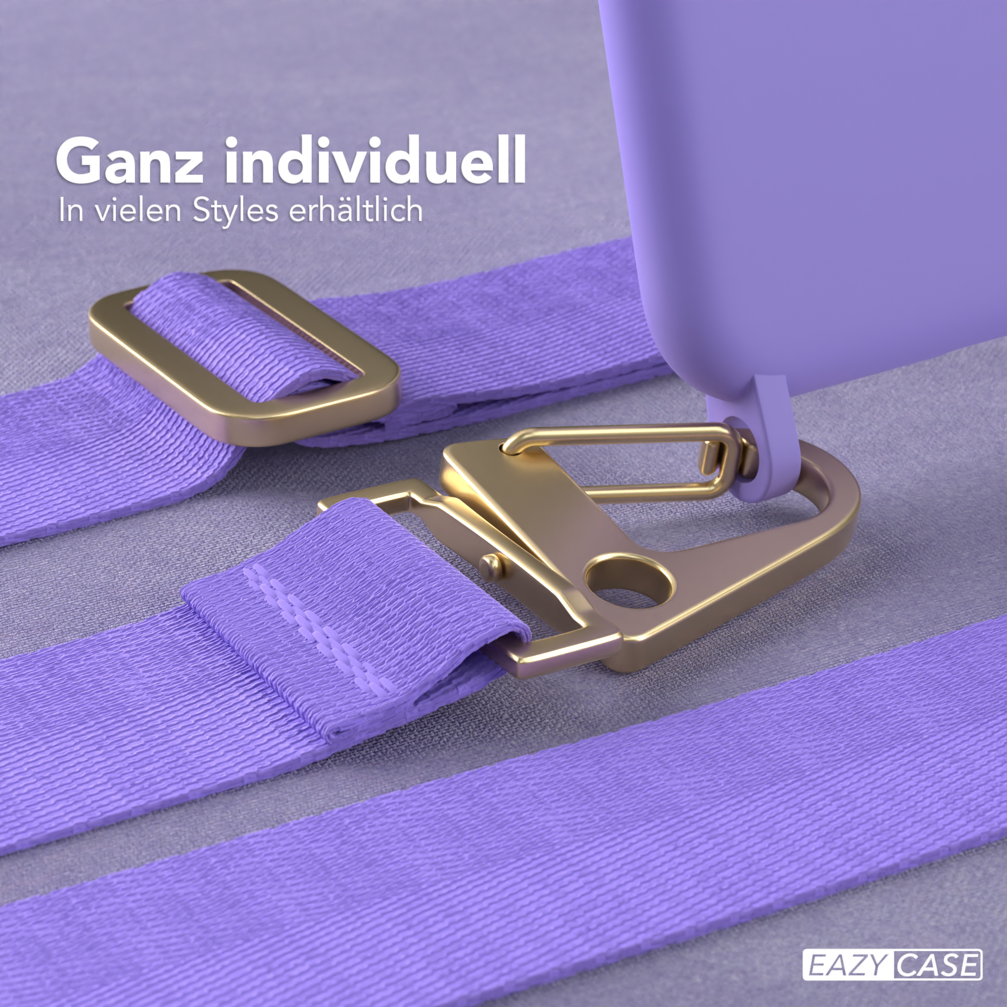 Lila Handyhülle mit Riemen und goldfarbener Hardware. Der Riemen ist lila. Text: "Ganz individuell".