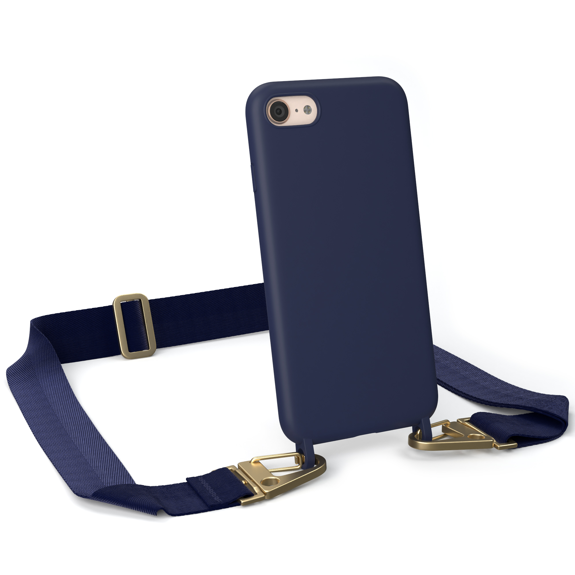 Marineblaues Handycase mit Riemen, goldene Hardware auf weißem Hintergrund.