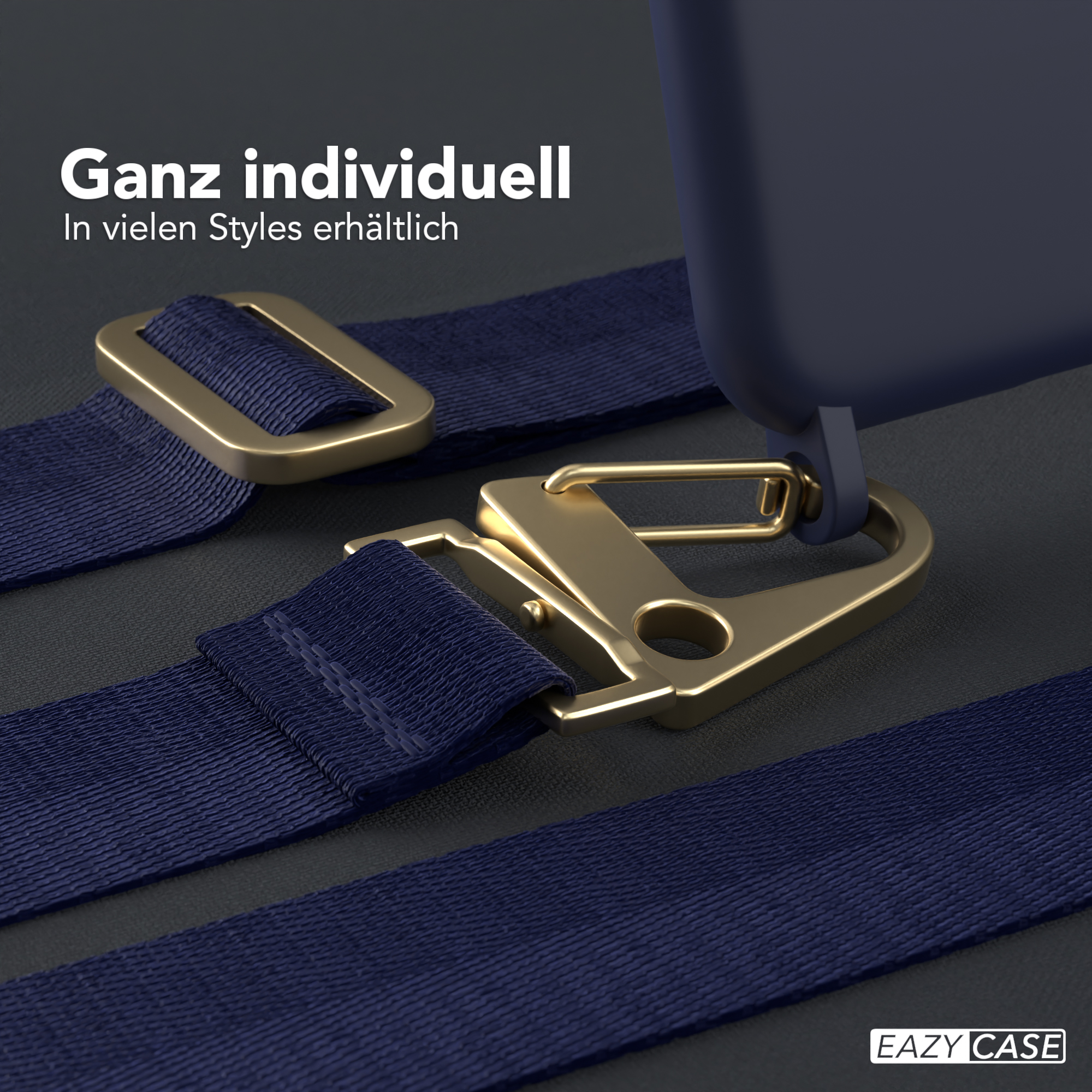Marineblaue Handyhülle mit goldenen Aufsätzen und Riemen.