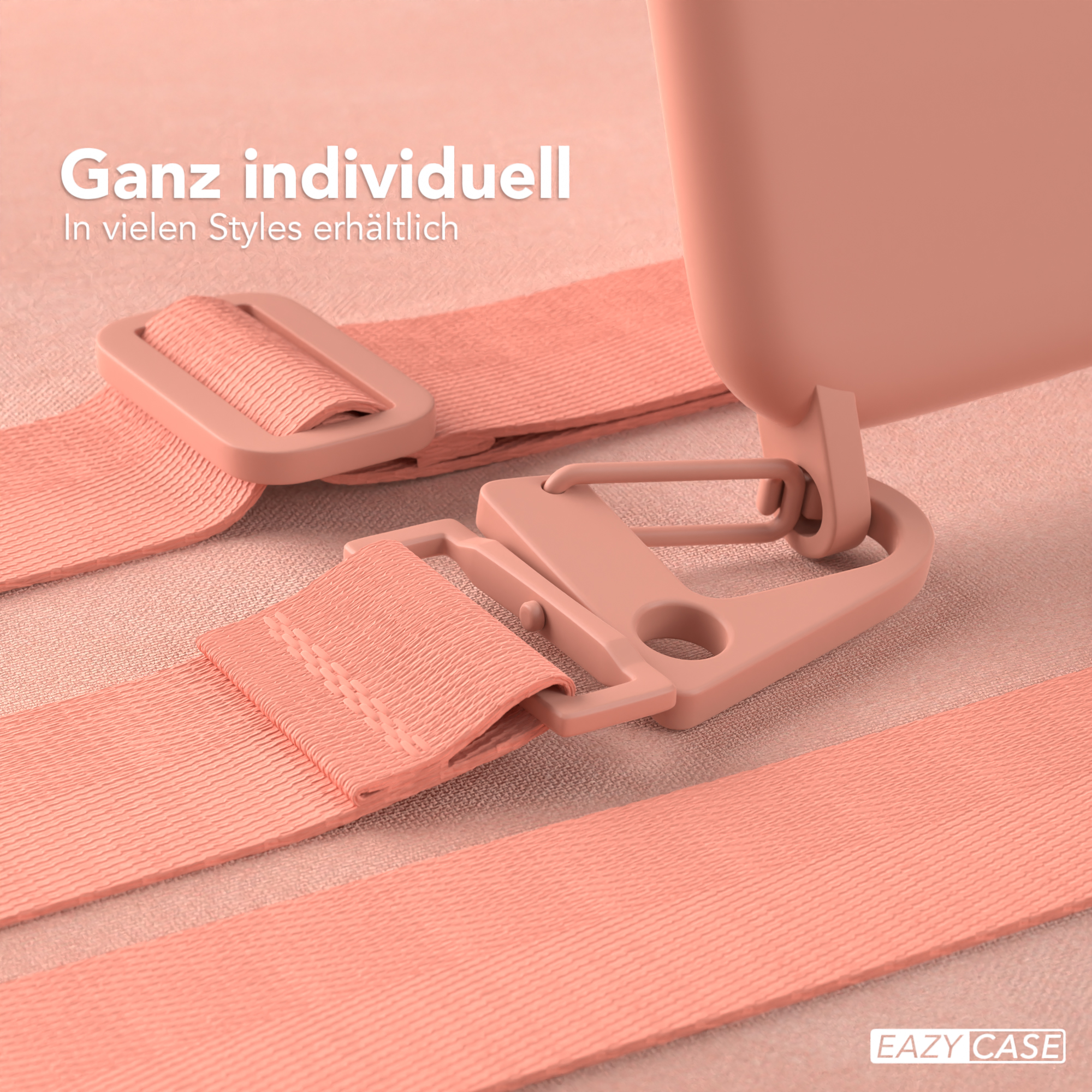 Nahaufnahme von rosa Trägern und Verschlüssen, wahrscheinlich für eine Tasche oder ein Accessoire.