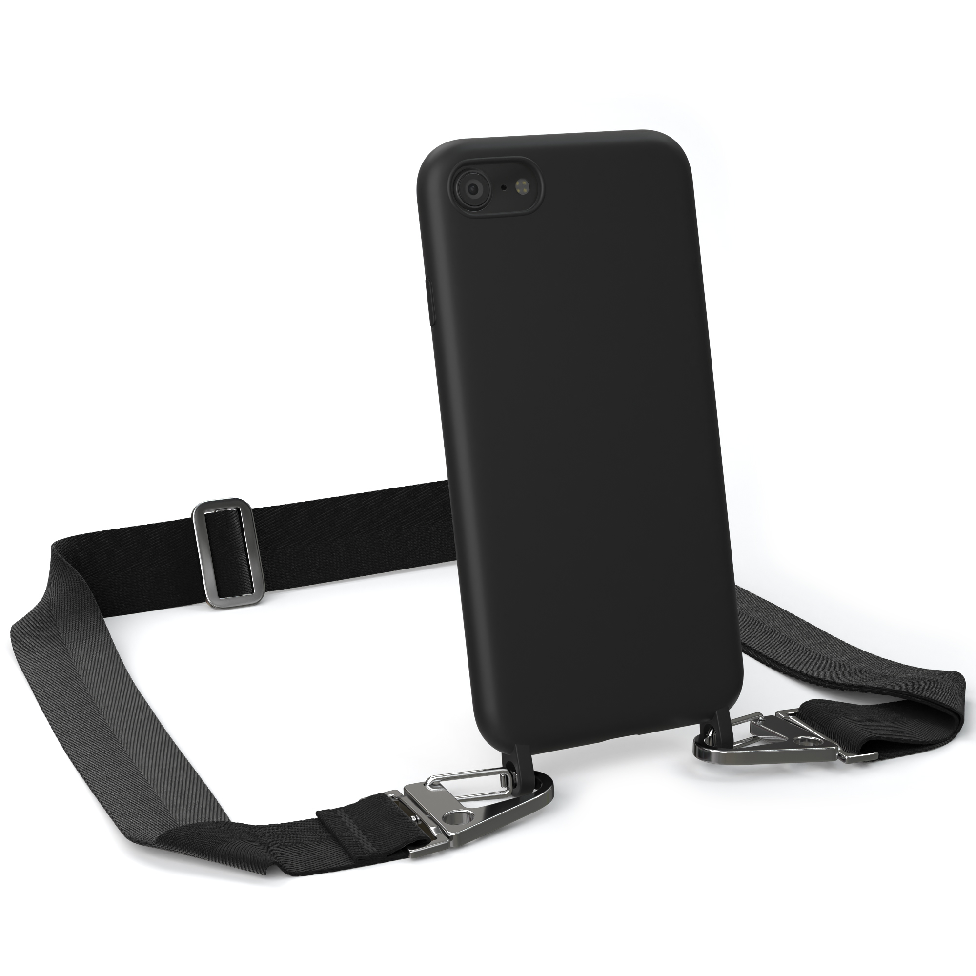 Schwarze Handyhülle mit Riemen, das Telefon ist in der Hülle. Weißer Hintergrund.