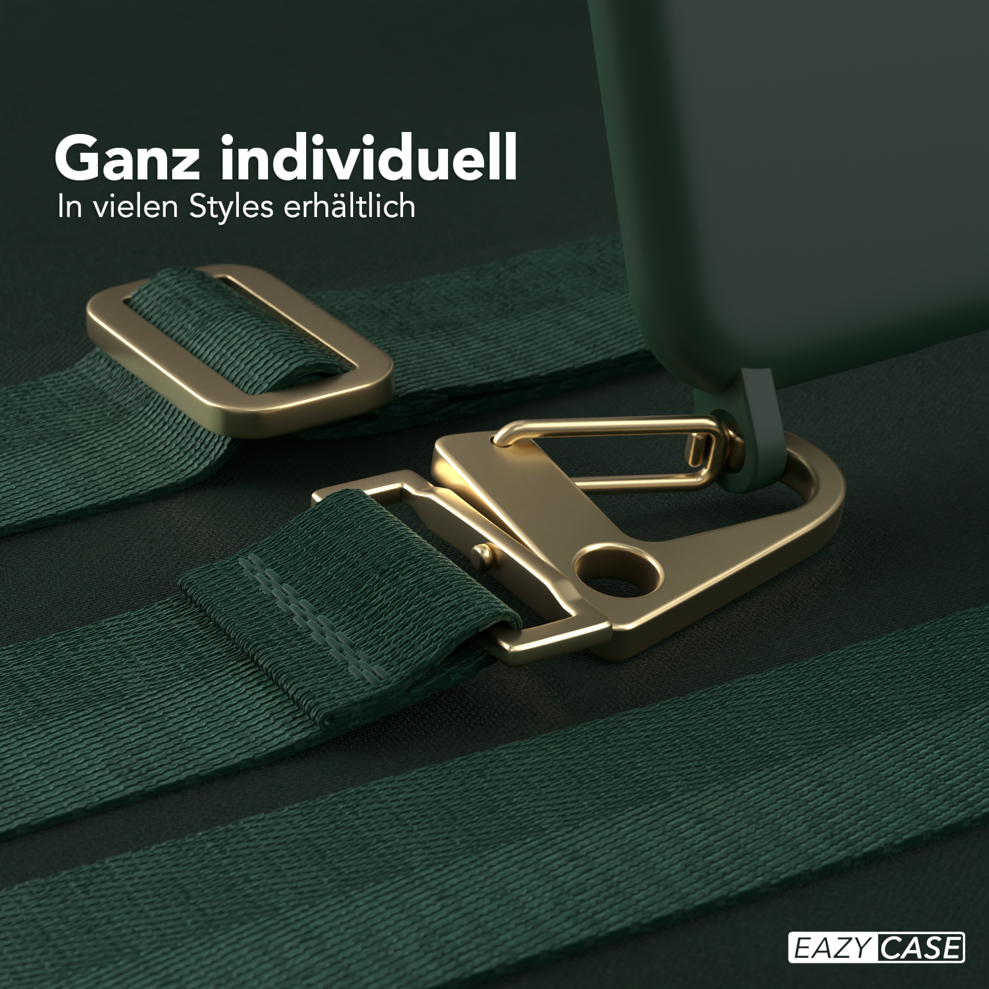Eine grüne Handyhülle mit goldenen Details, einem Riemen und einer Schnalle auf dunklem grünen Hintergrund.