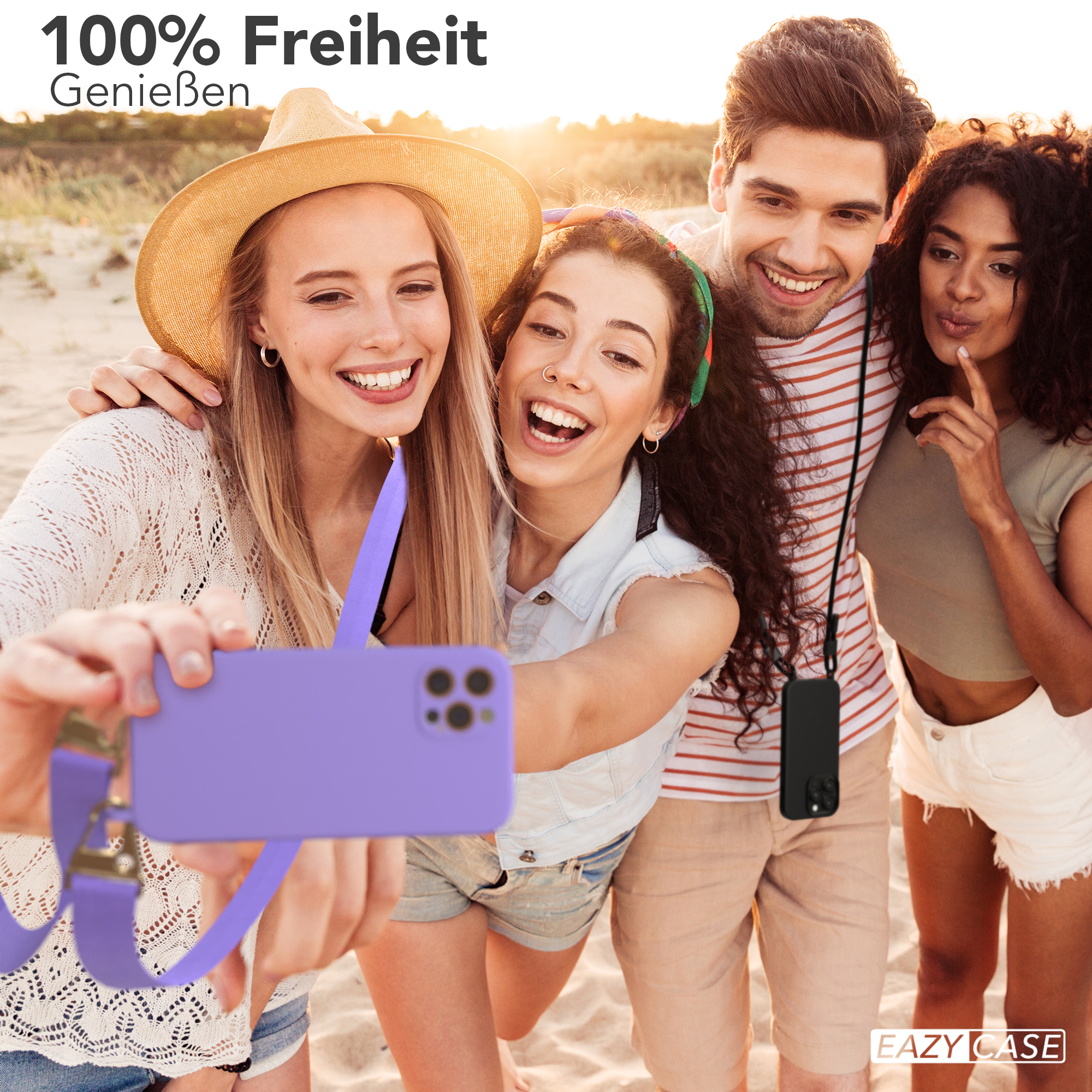 Vier Personen machen ein Selfie mit einer Handyhülle. Das Telefon hat einen lila Gurt und eine Hülle.