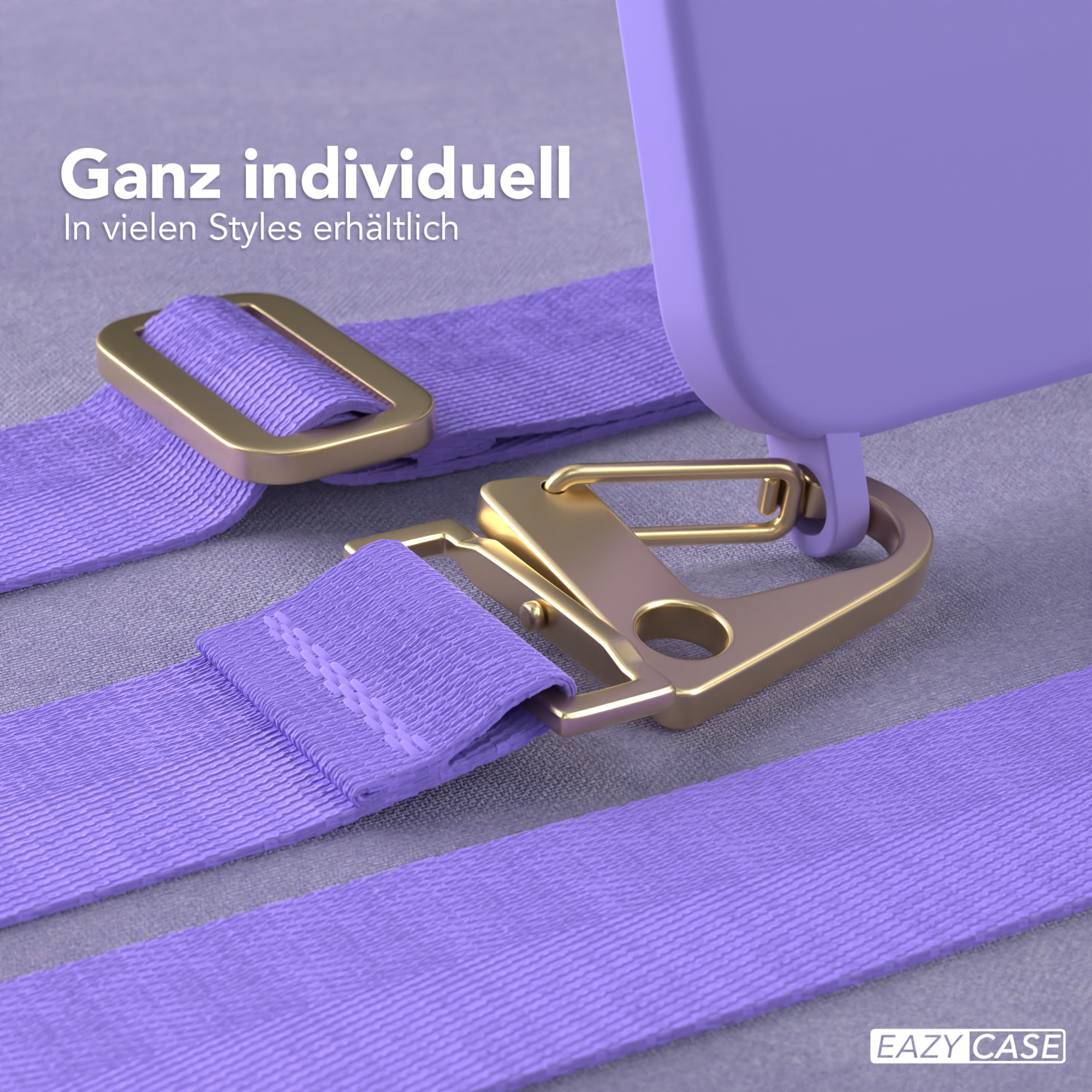 Nahaufnahme eines lilafarbenen Telefonriemens mit goldener Schnalle. Text: Ganz individuell, in vielen Styles erhältlich.