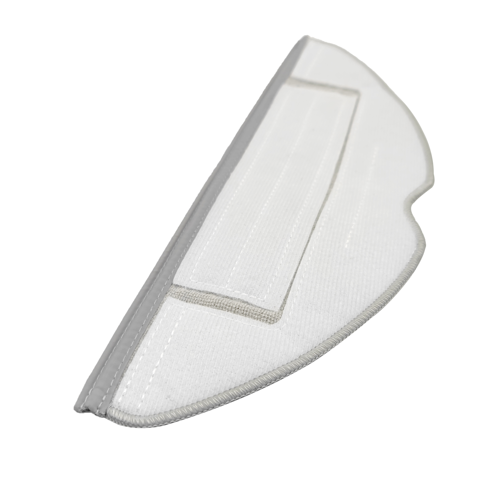 Ein weißes und graues Wischmopp-Pad auf weißem Hintergrund, mit grauem Rand.