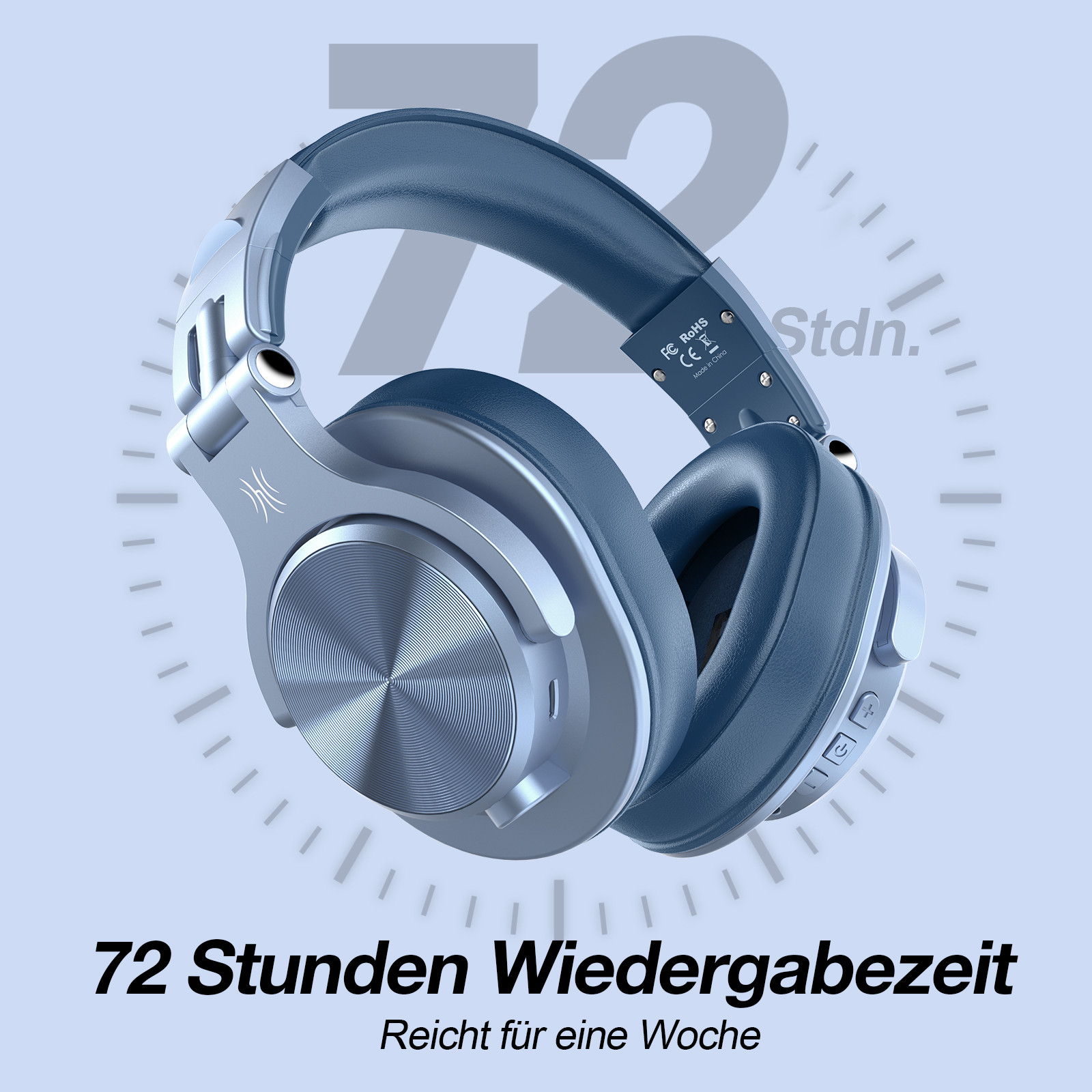 Silber-blaue Kopfhörer mit kreisförmigem Design.