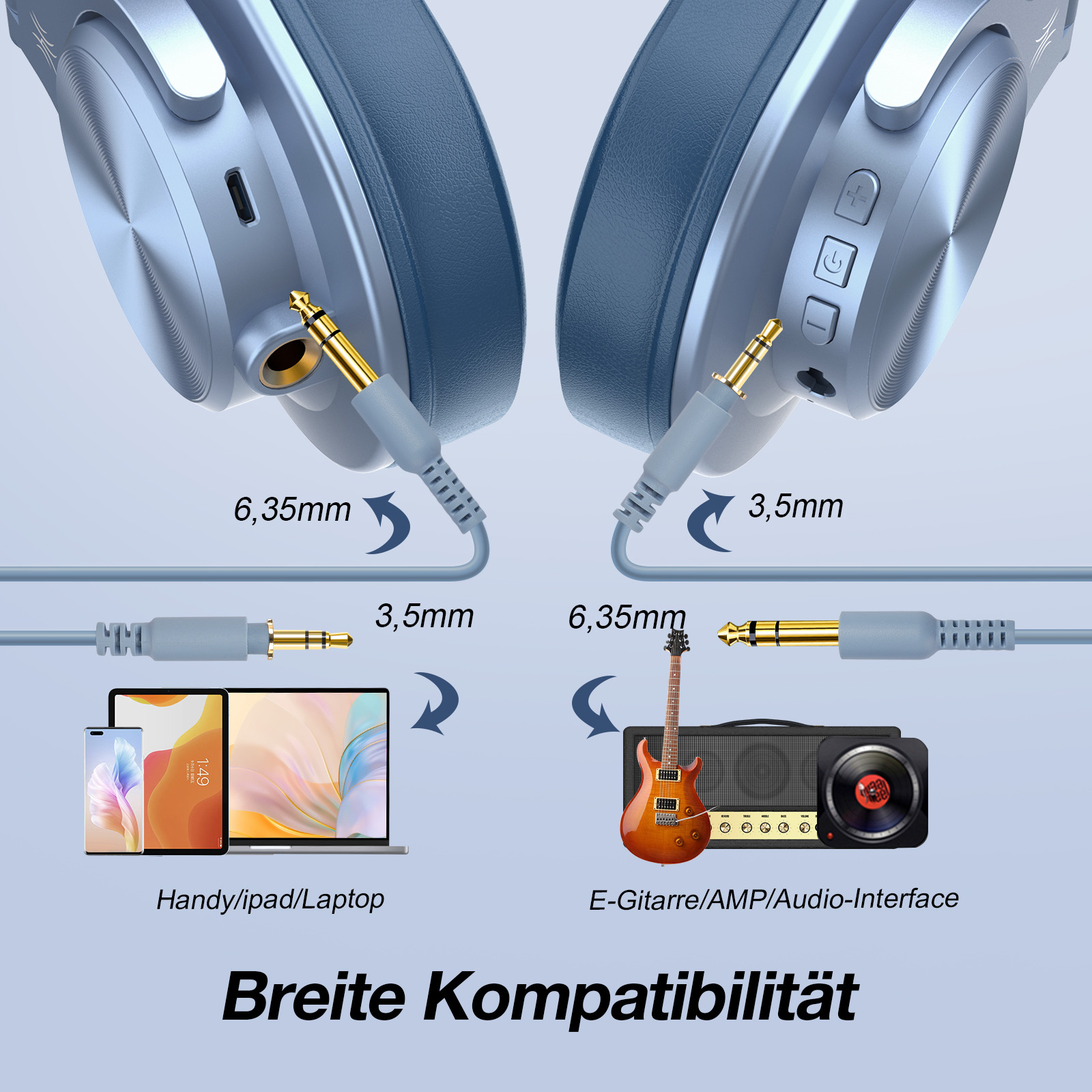 Kopfhörer mit Kabeln. Diagramme mit 3,5-mm- und 6,35-mm-Anschlüssen.