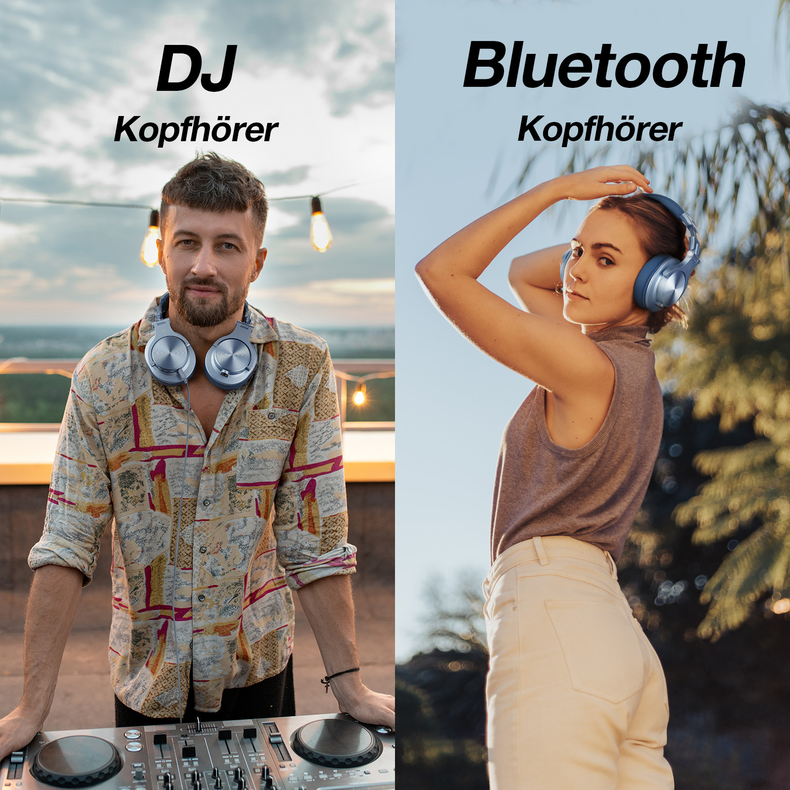 Zwei Personen mit Kopfhörern, ein DJ und einer mit Bluetooth-Kopfhörern. Beide sind im Freien.