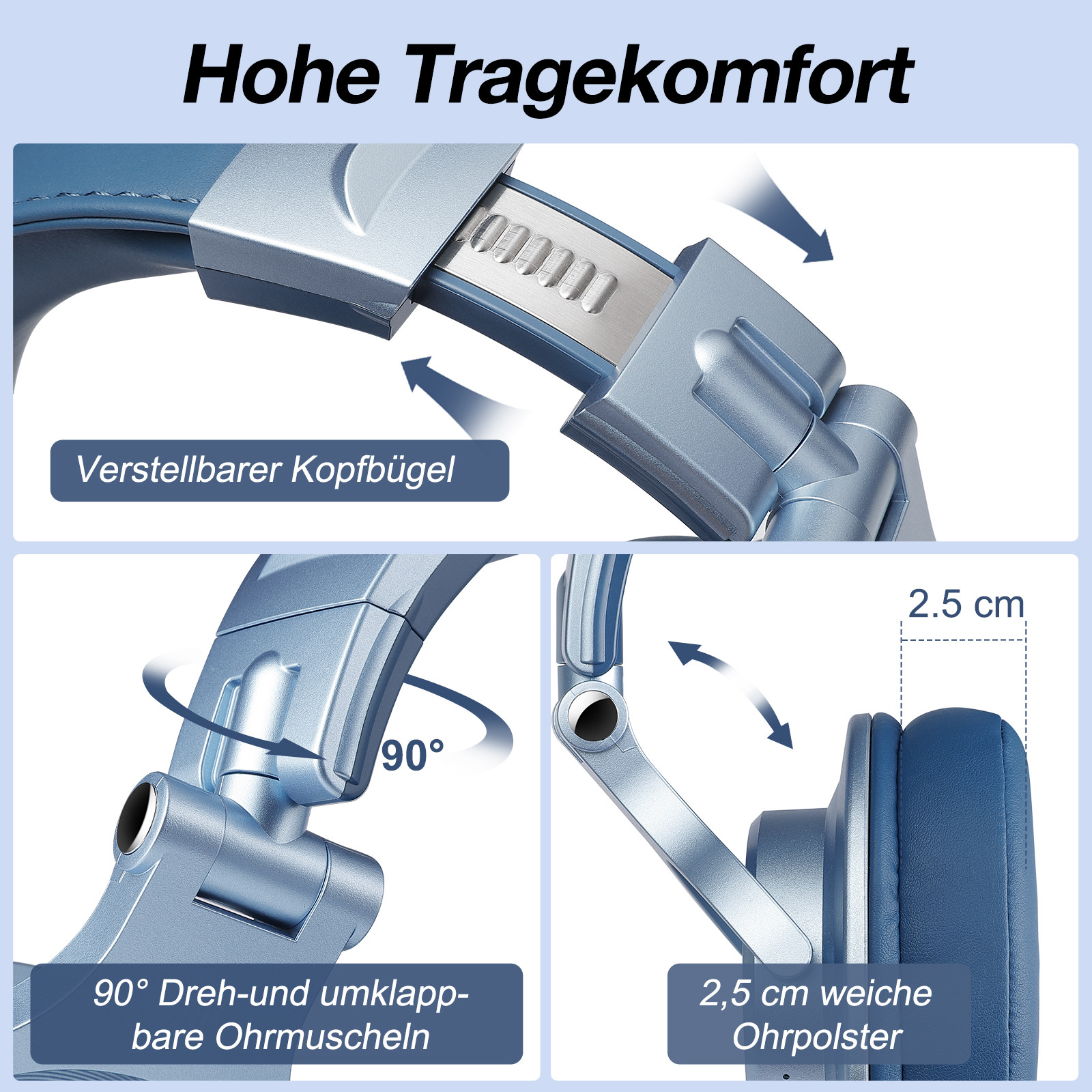 Blaue Kopfhörer mit verstellbarem Bügel und Ohrpolstern. Zeigt 90° Drehung.