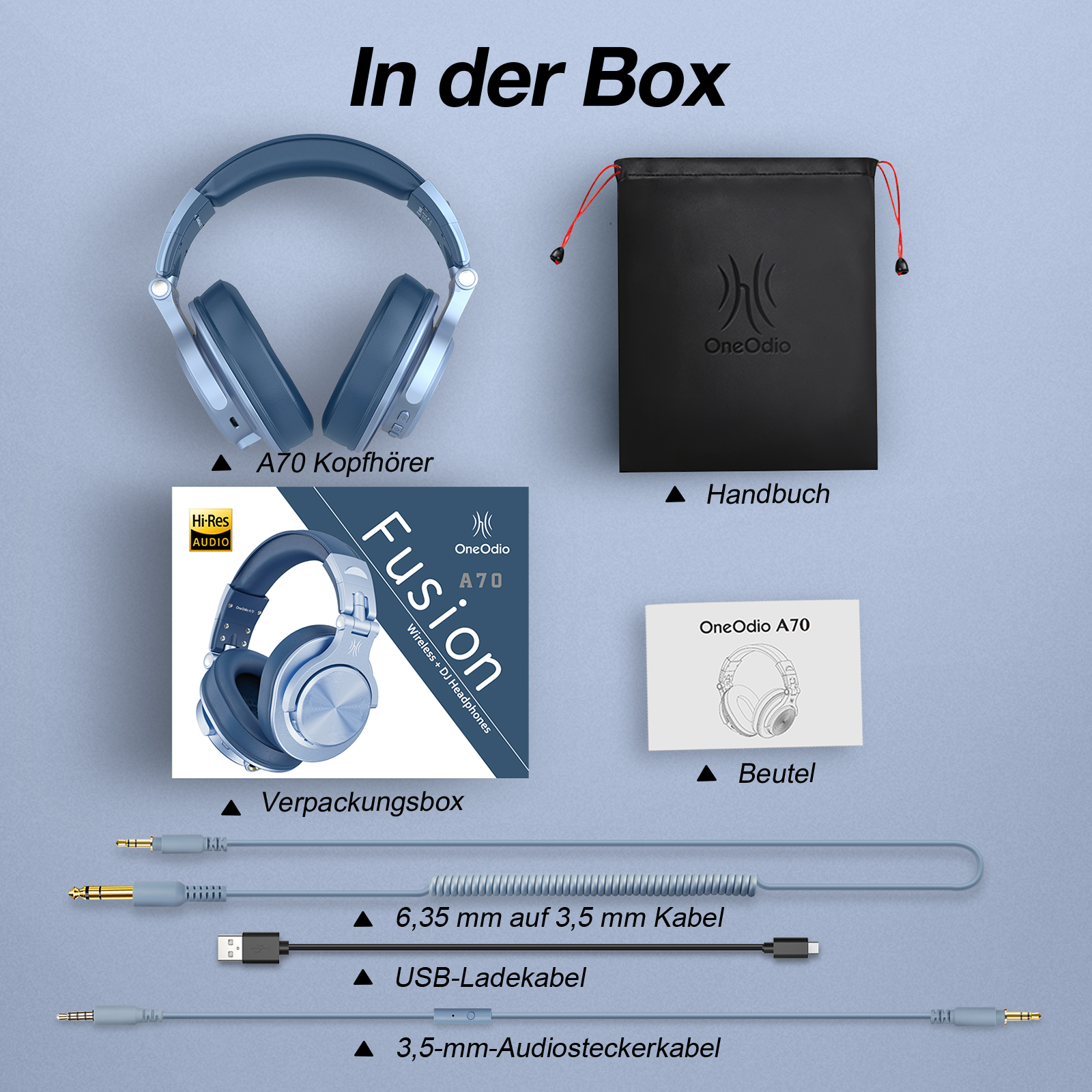 Box mit Kopfhörern und Zubehör. Enthält Kopfhörer, Kabel und eine Tragetasche.