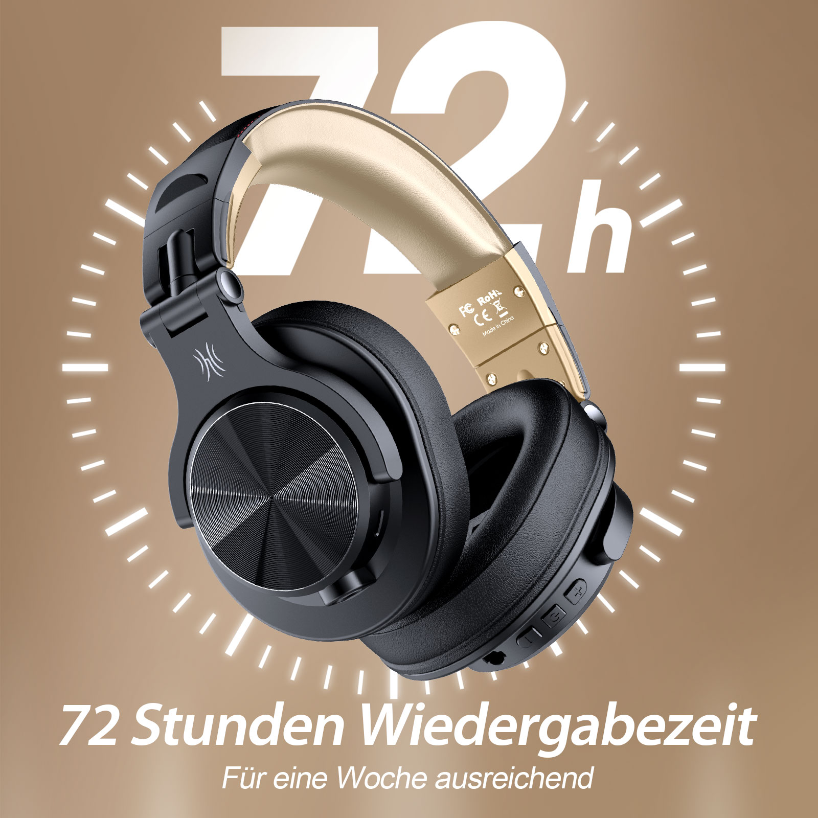 Schwarze Kopfhörer mit goldenen Akzenten, mit 72 Stunden Wiedergabezeit. Brauner Hintergrund.