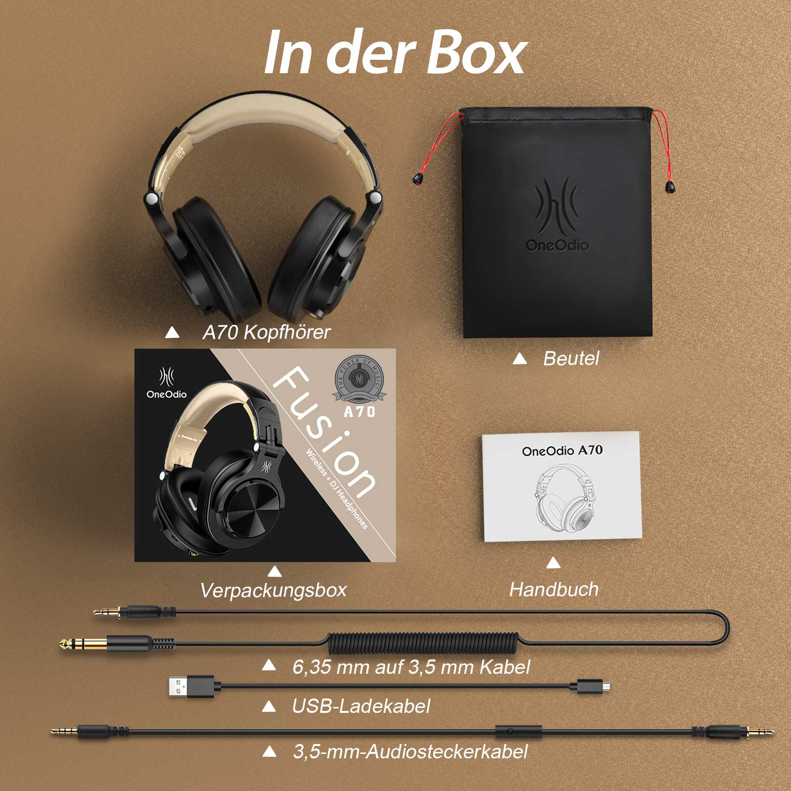 Eine Box mit Kopfhörern, Kabeln und einer Tragetasche. Die Box ist mit Produktdetails beschriftet.