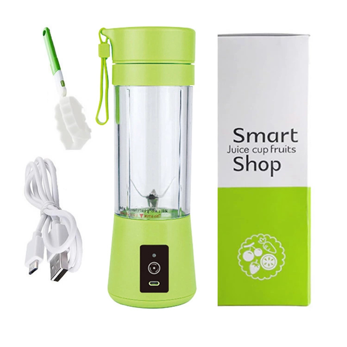 Grüner tragbarer Mixer mit Bürste und Ladekabel sowie eine Box mit Text.