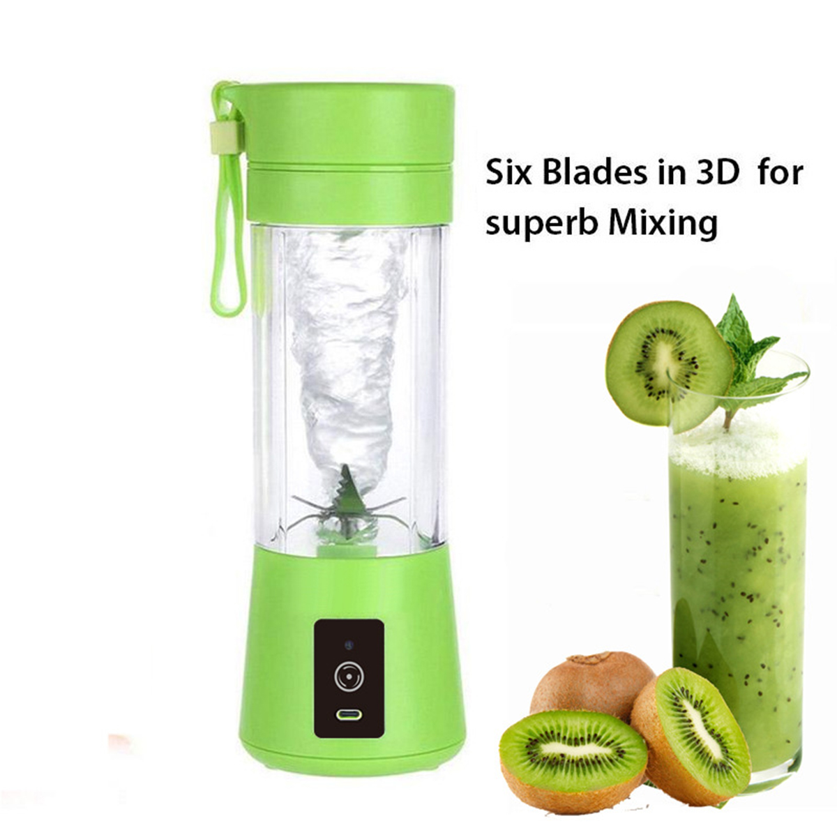 Grüner Mixer mit Kiwi und einem Glas Saft. Text: Six Blades in 3D for superb Mixing.