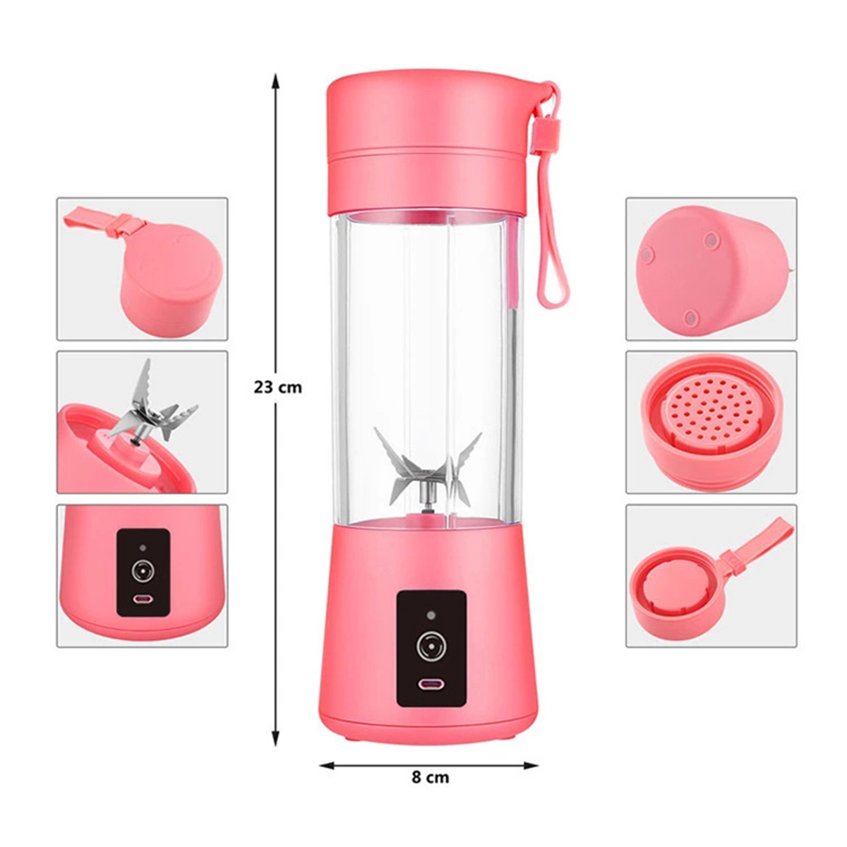 Ein pinkfarbener tragbarer Mixer. Klarer Behälter, Klingen, Deckel mit Riemen.
