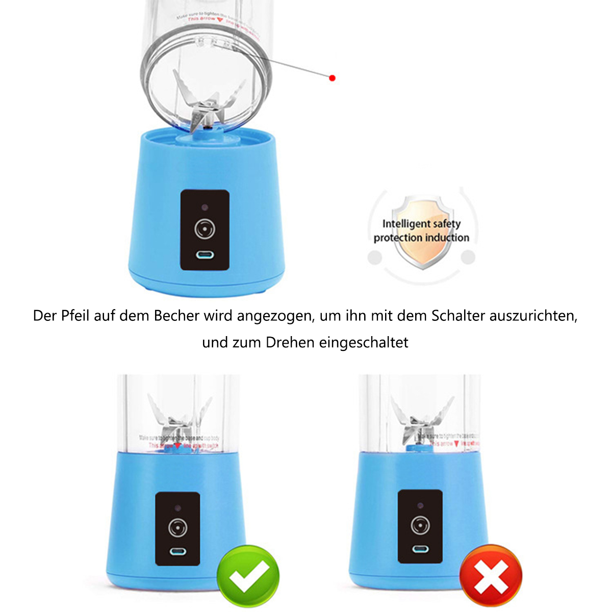 Blauer Mixer mit Anweisungen zur Ausrichtung und Bedienung.