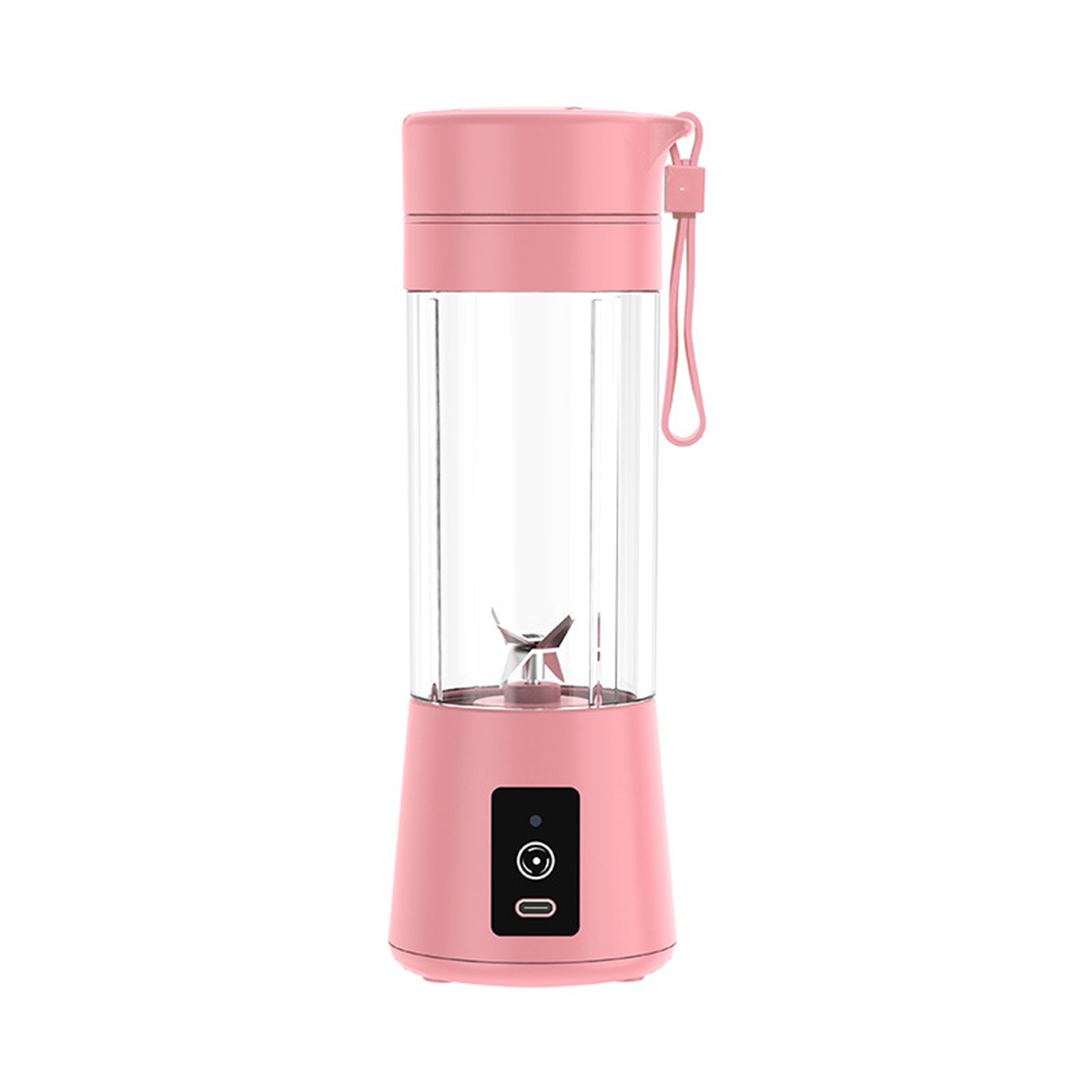 Pinkfarbener tragbarer Mixer mit Griff und Ladeanschluss.