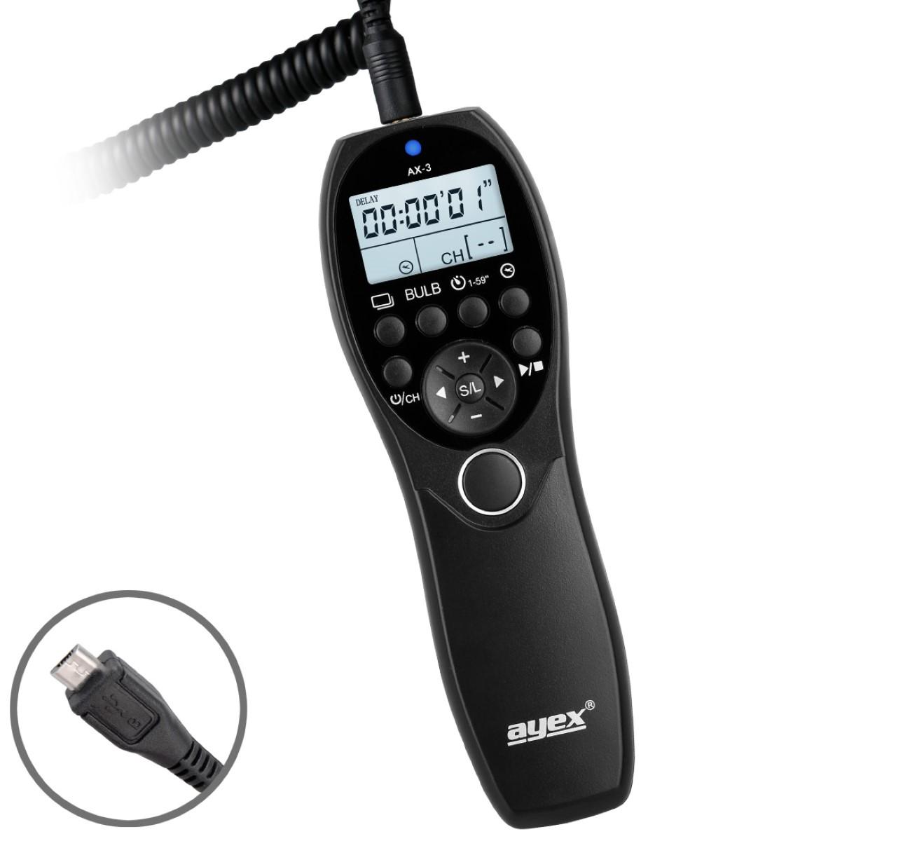 Schwarze digitale Kamerafernbedienung. Display zeigt Timer. Kabel mit Stecker in der Ecke.