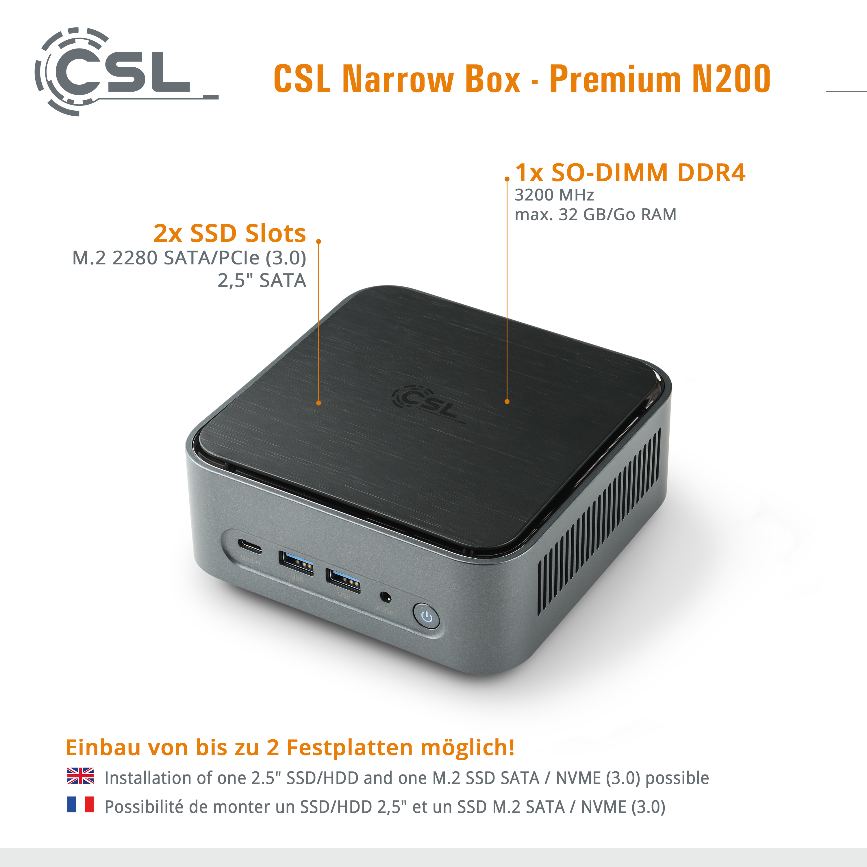 Schwarzes Computergehäuse mit CSL-Logo. Text: 2x SSD-Steckplätze, 1x SO-DIMM DDR4. Weißer Hintergrund.