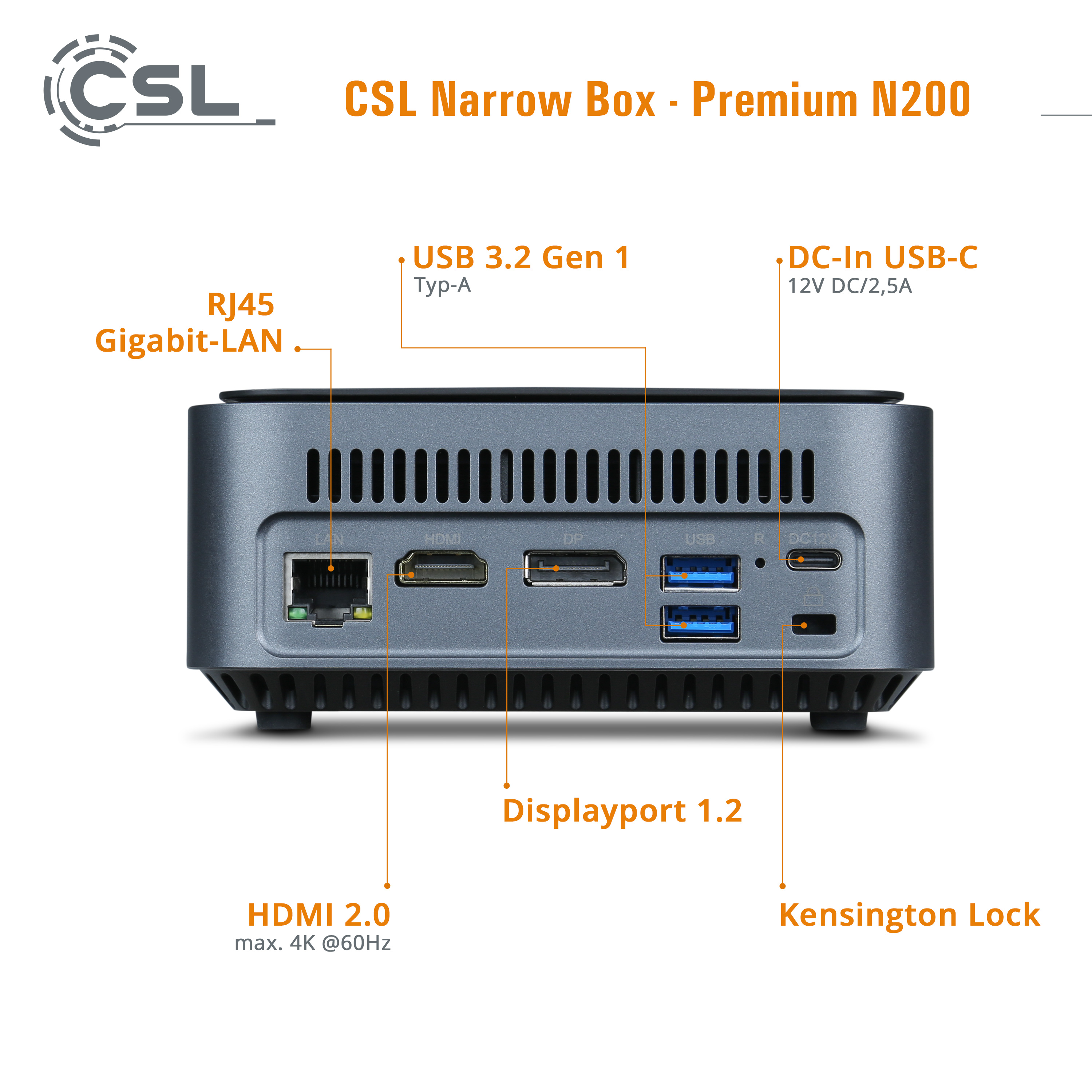 Ein grauer CSL Narrow Box Computer mit beschrifteten Anschlüssen: RJ45, USB, HDMI und mehr.