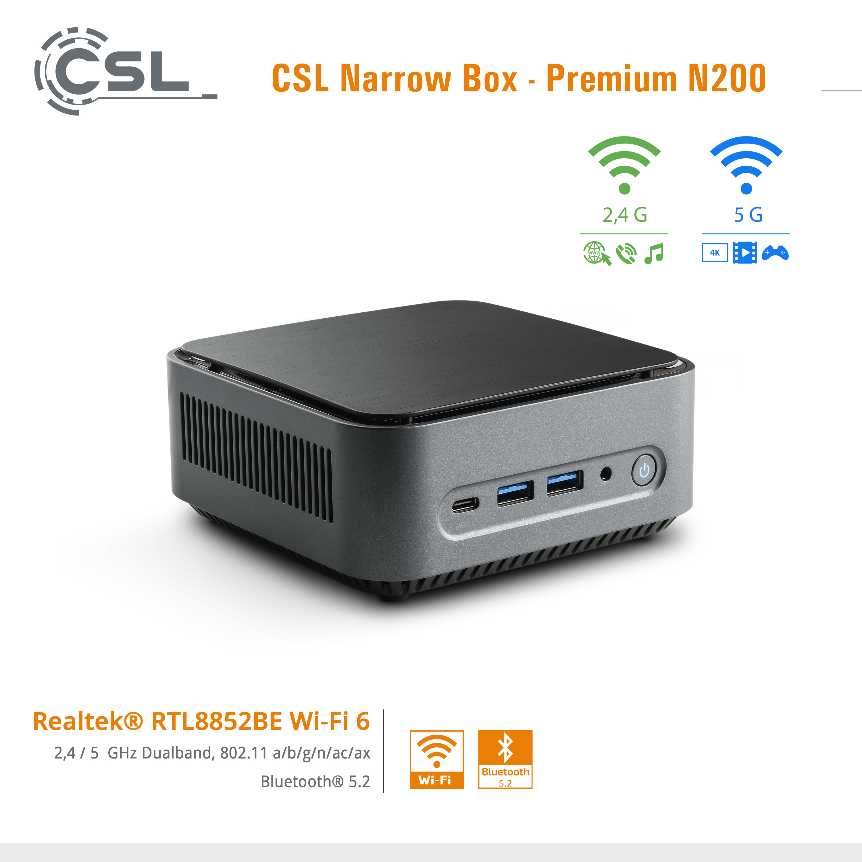 Kleiner grauer Computer mit Wi-Fi- und Bluetooth-Symbolen und dem Text CSL Narrow Box - Premium N200.