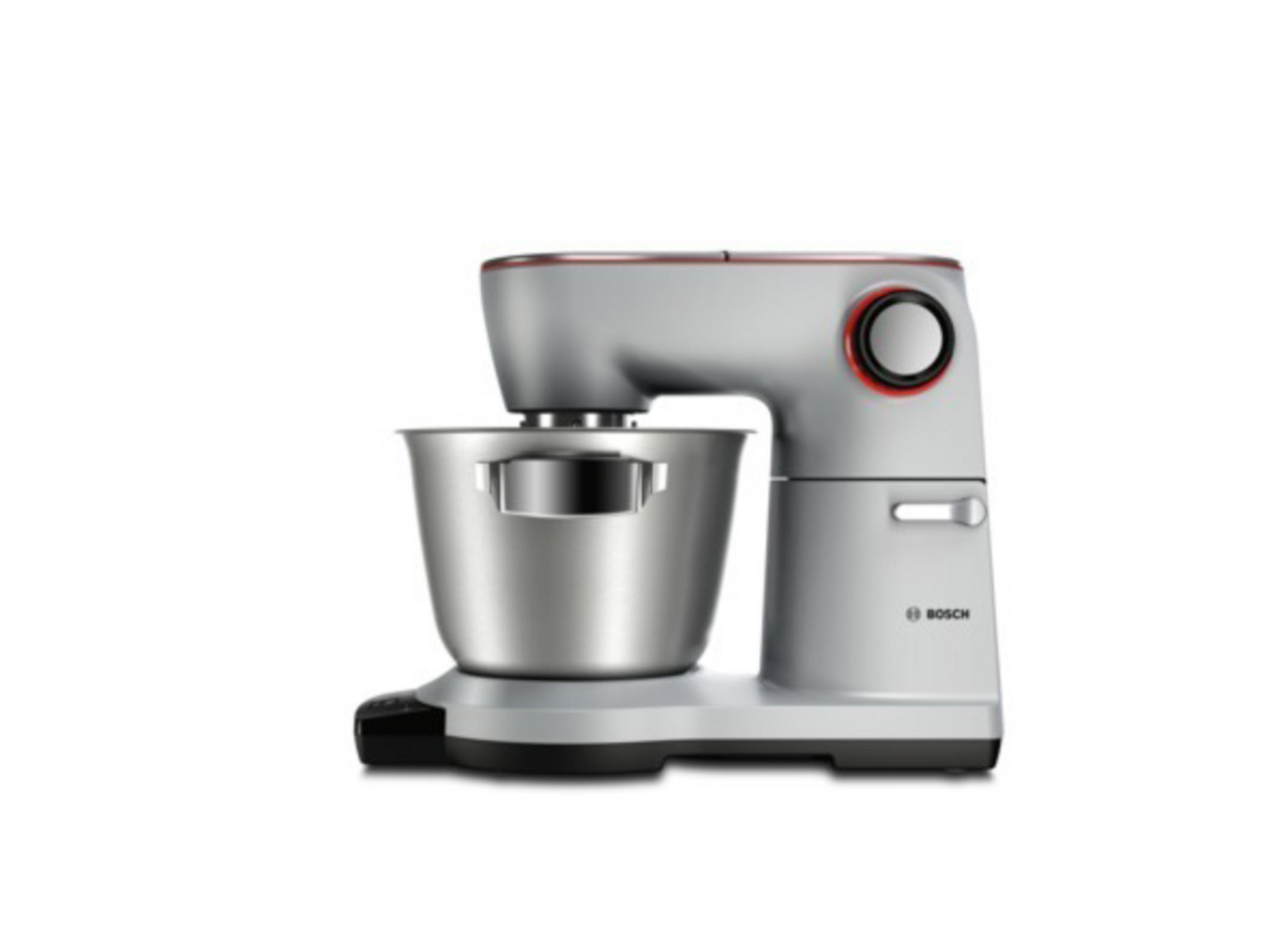 Una máquina de cocina Bosch plateada con círculo rojo y un cuenco.