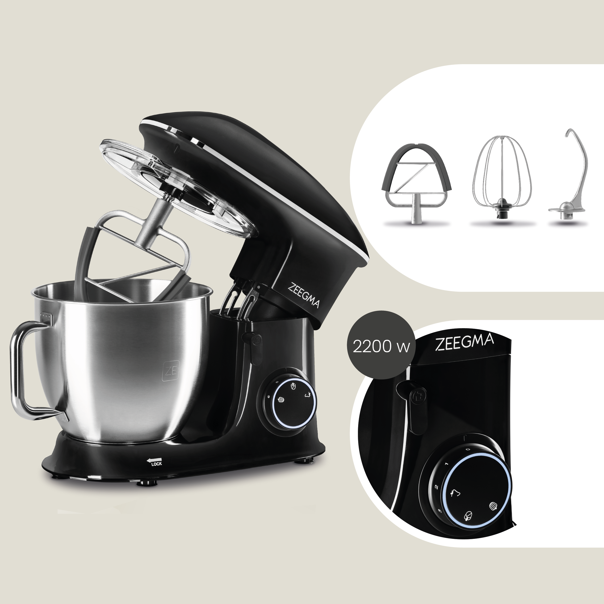 Czarny mikser stojący Zeegma z nakładkami i szczegółowym widokiem pokrętła regulacji prędkości.