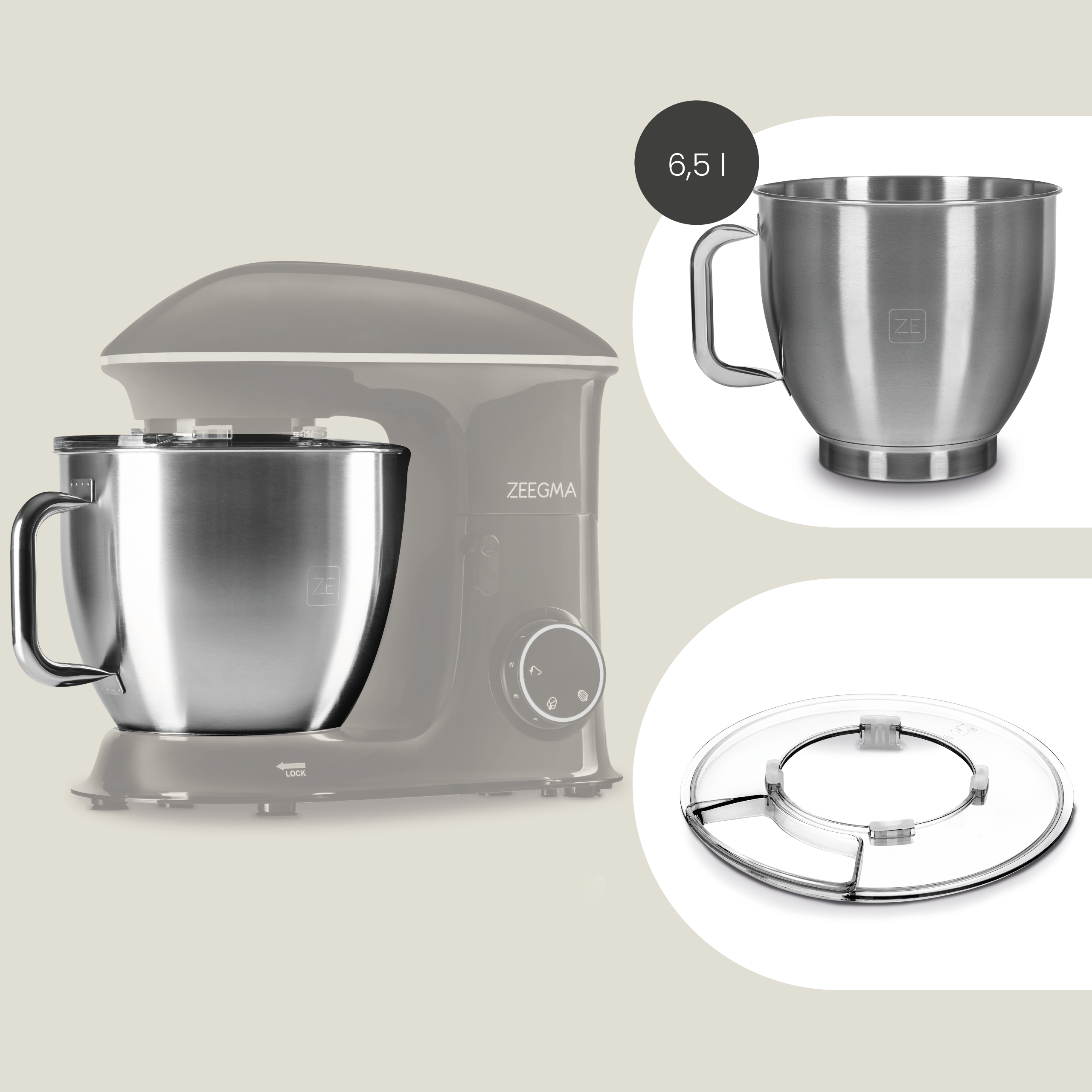 Szara mikser stojący z misą ze stali nierdzewnej i pokrywą. Jasne tło.