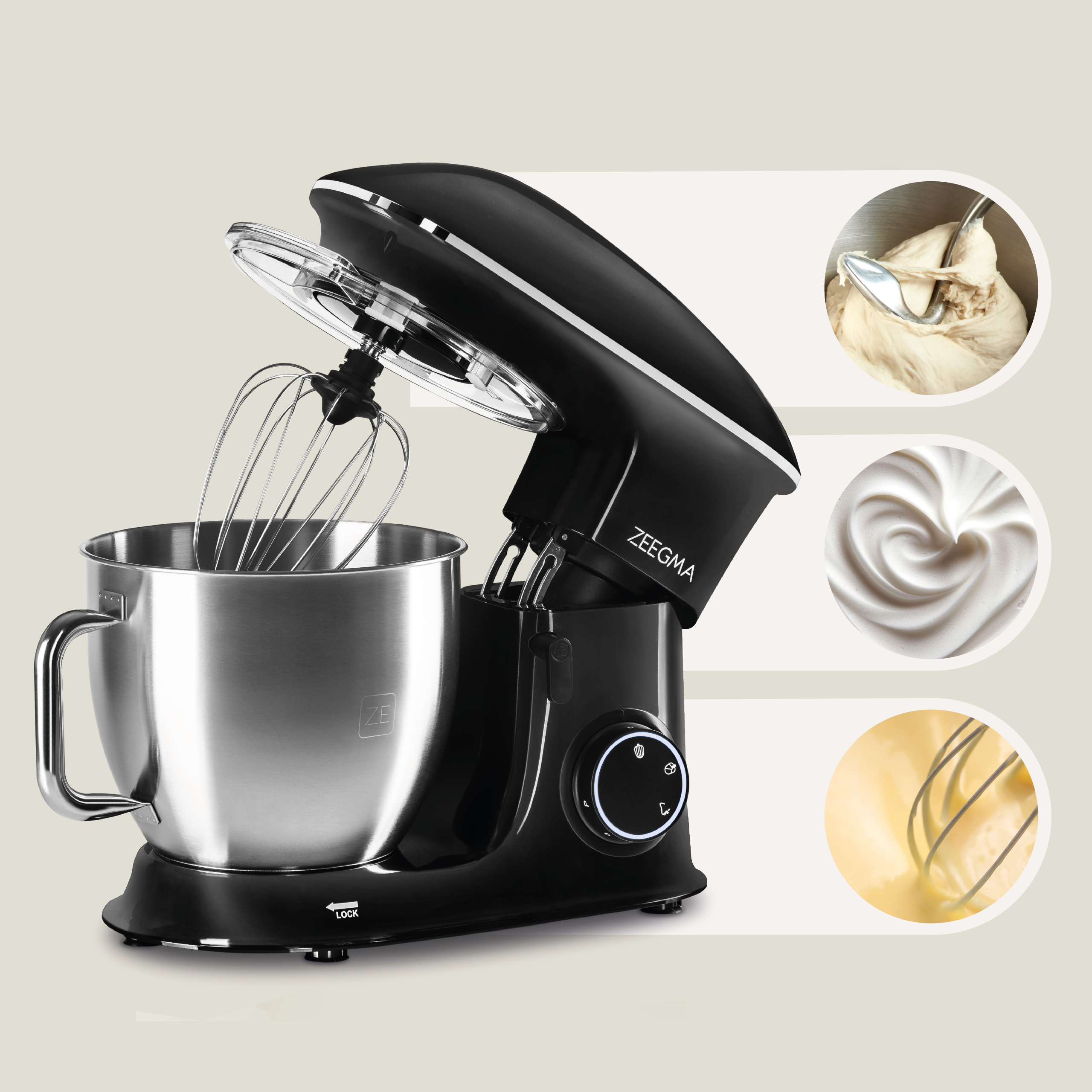 Czarny mikser kuchenny z nakładkami i próbkami jedzenia: ciasto, bita śmietana i żółtka.