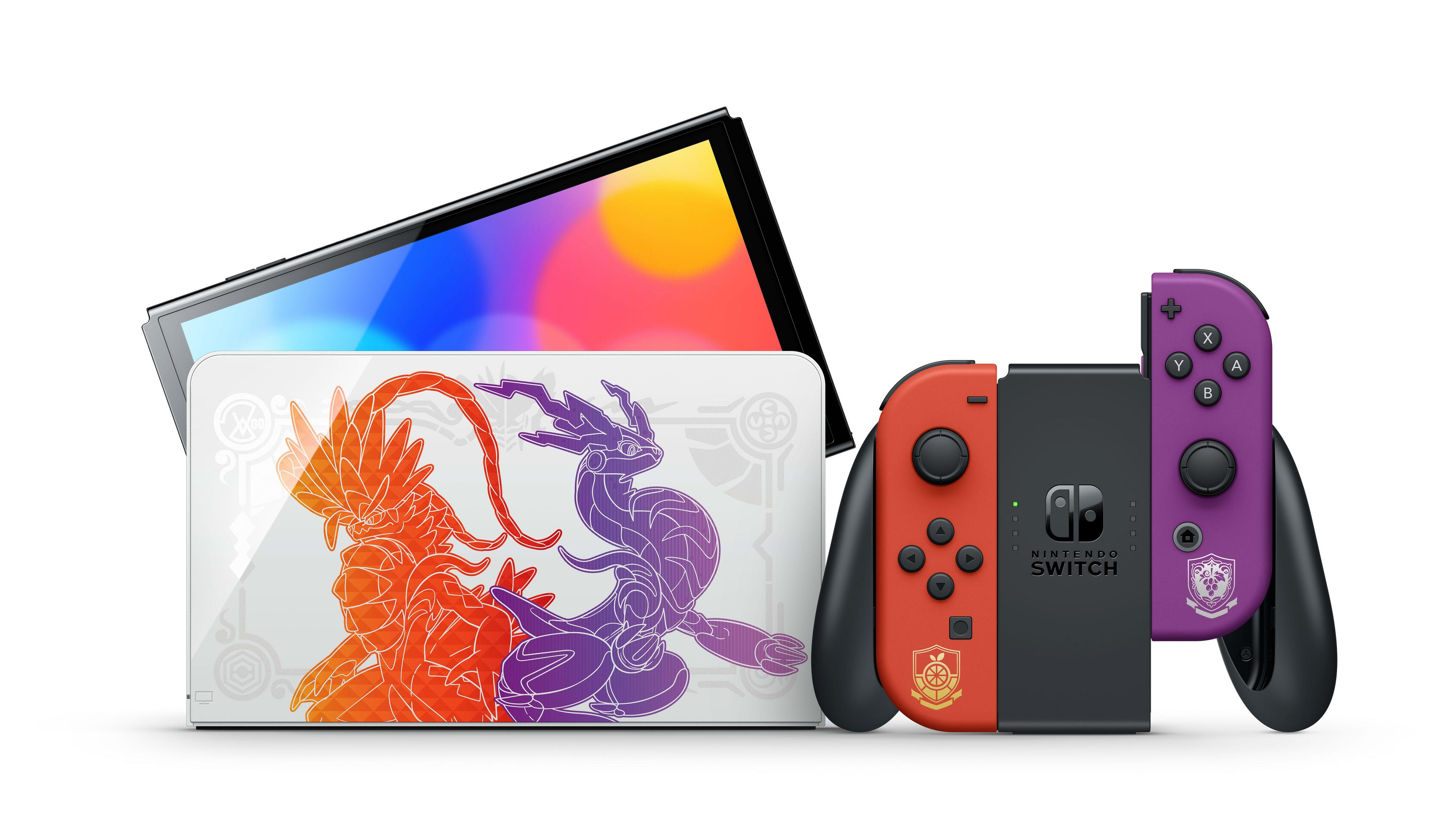 Een Nintendo Switch-console met twee Joy-Con-controllers. De console heeft een ontwerp.