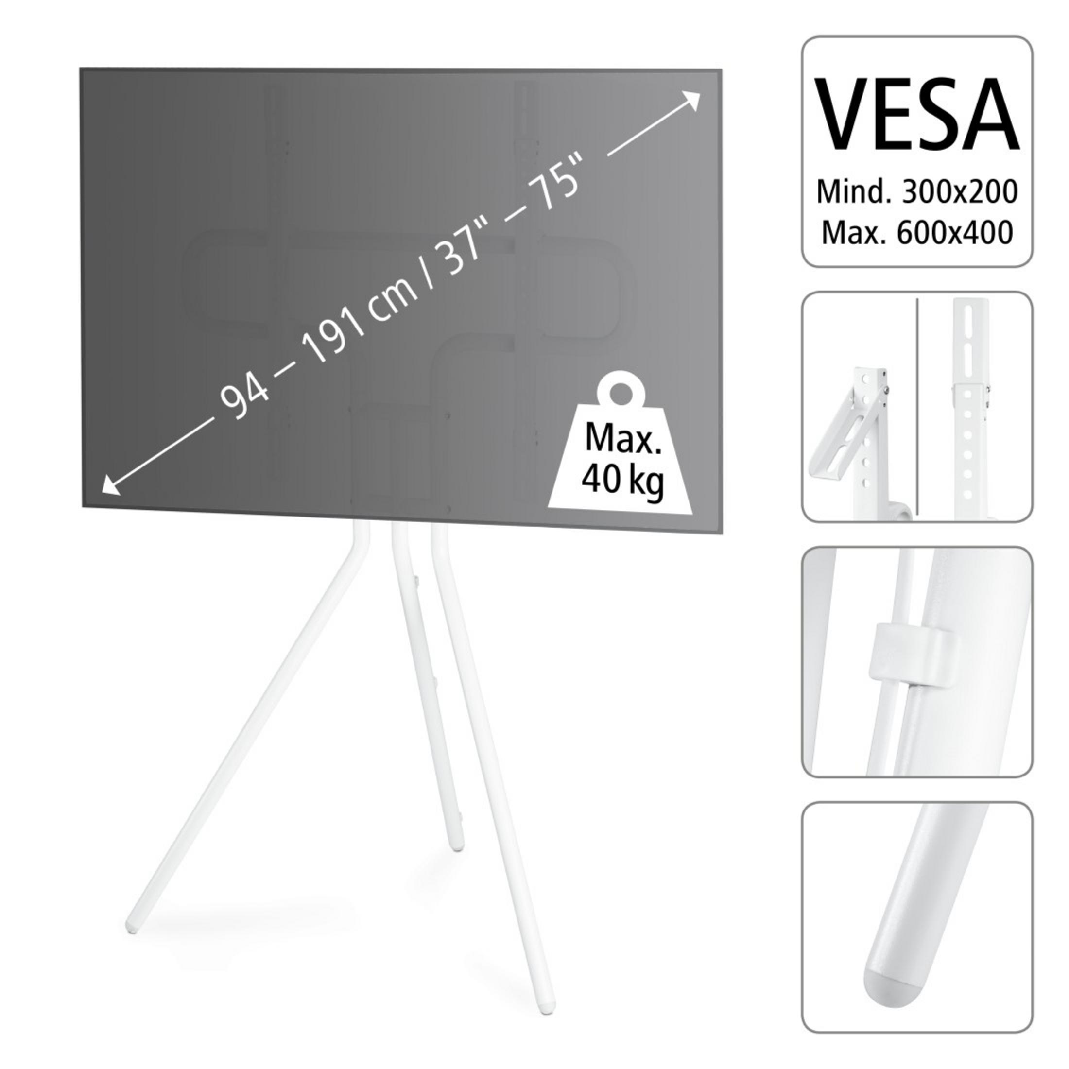 Ein großer Bildschirm auf einem weißen Ständer. Displaygröße ist 37-75 Zoll. Max. Gewicht 40 kg.