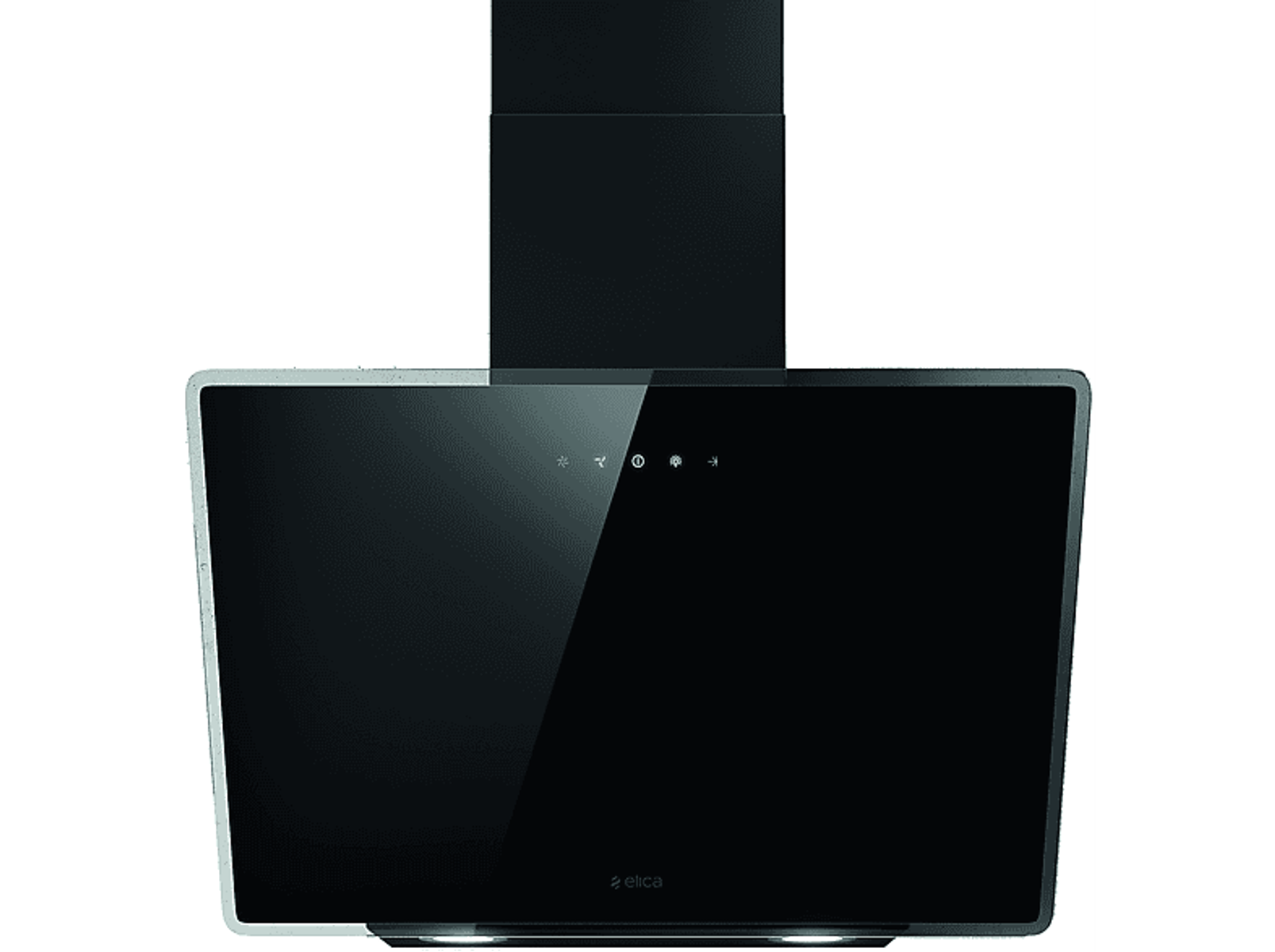 Cappa da cucina nera con frontale in vetro e pannello touch.