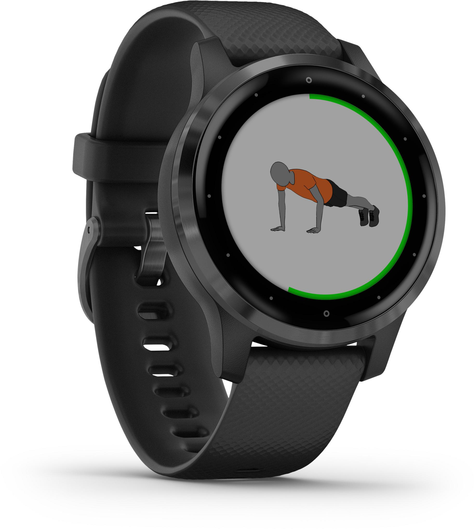 Czarny smartwatch Garmin wyświetlający schemat ćwiczeń. Postać w pomarańczowej koszuli robi pompkę.