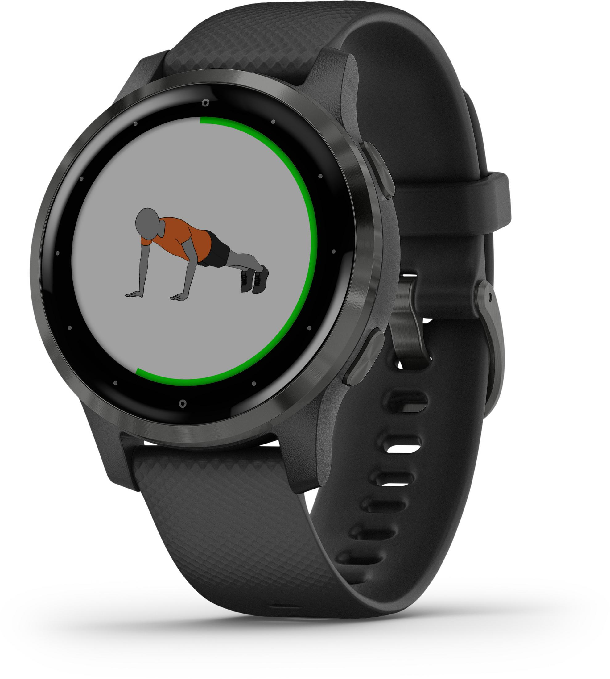 Czarny smartwatch z ilustracją treningu, czarny pasek, białe tło.