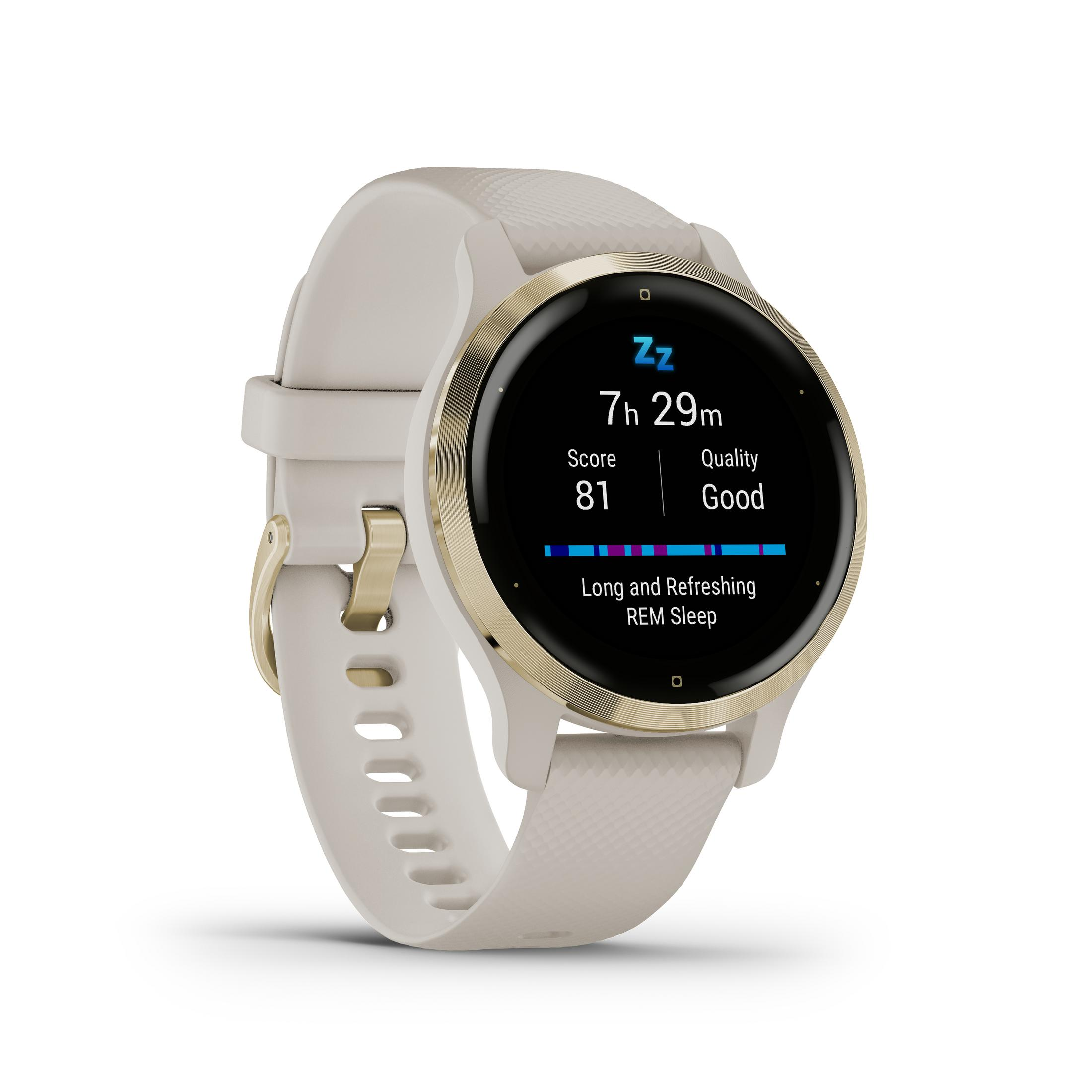Beige Smartwatch mit rundem Display, das Schlafdaten anzeigt: Schlaf-Score, Qualität und Zeit.