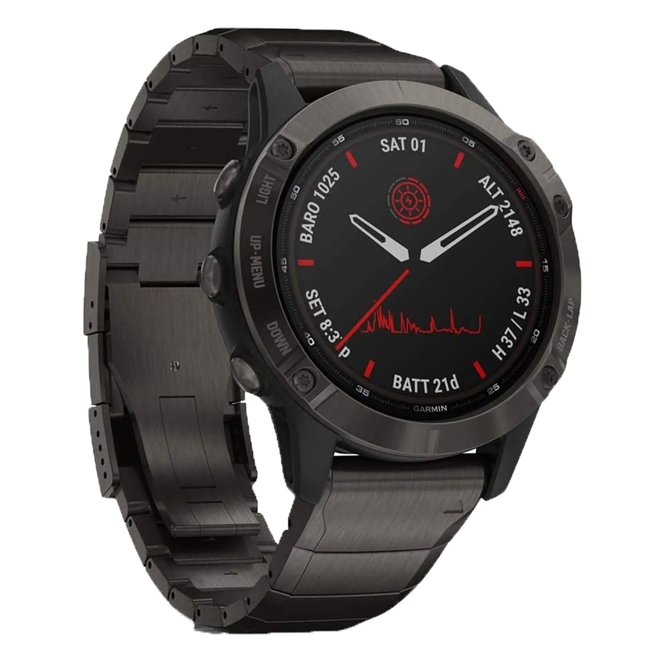 Schwarze Garmin-Uhr mit Metallarmband. Sie zeigt Zeit und andere Metriken.