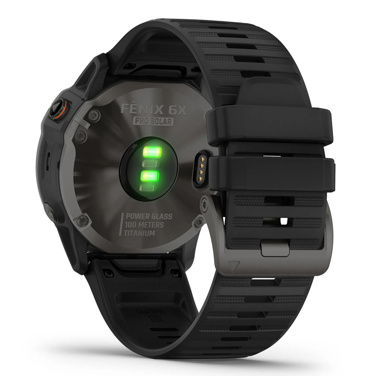 Schwarze Garmin Fenix 6X Pro Solar Smartwatch. Die Rückseite zeigt Sensoren und Armband.