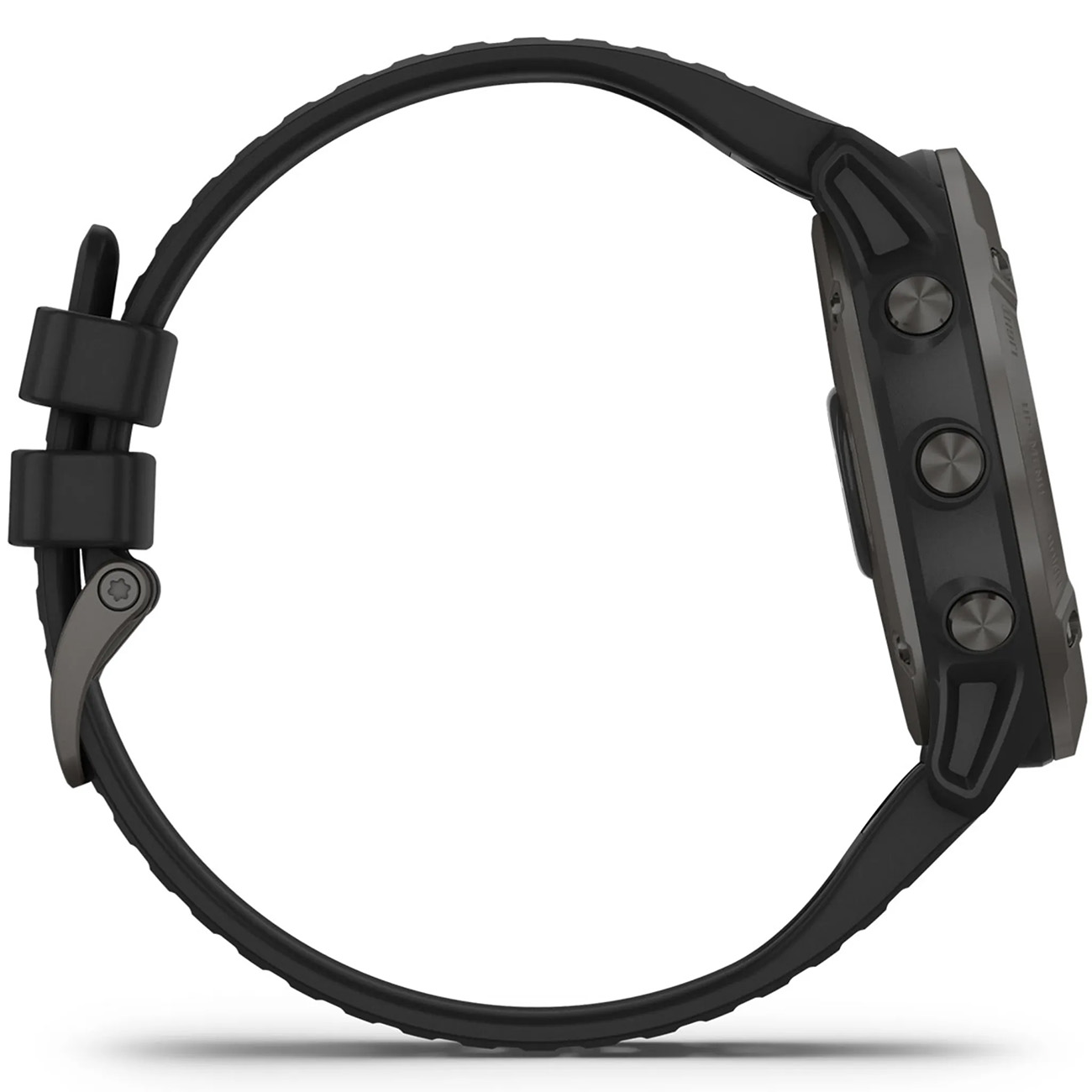 Schwarze Smartwatch Seitenansicht. Zeigt Zifferblatt, Knöpfe und angebrachtes schwarzes Armband.