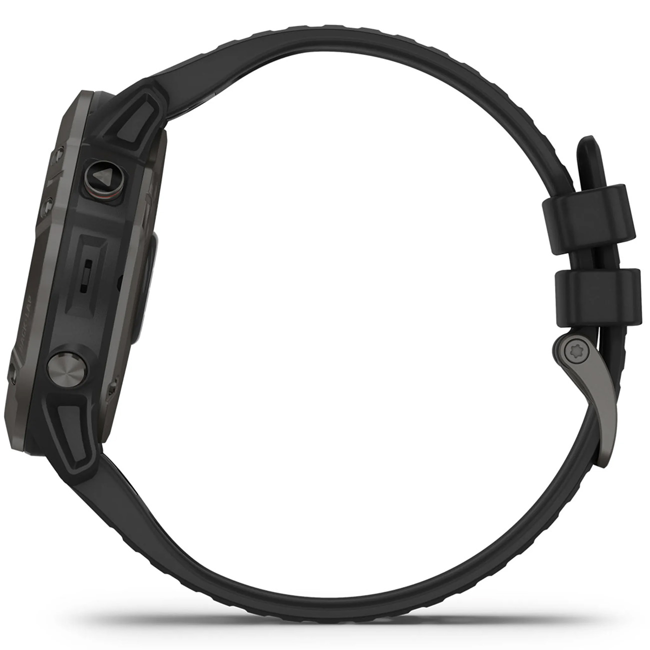 Schwarze Garmin-Uhr von der Seite gesehen. Sie hat ein schwarzes Armband und drei Knöpfe an der Seite.