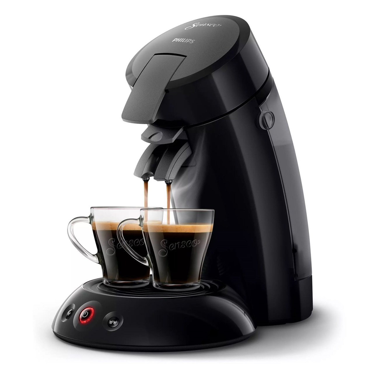 Czarny ekspres do kawy z dwiema szklankami i nalewaniem kawy.