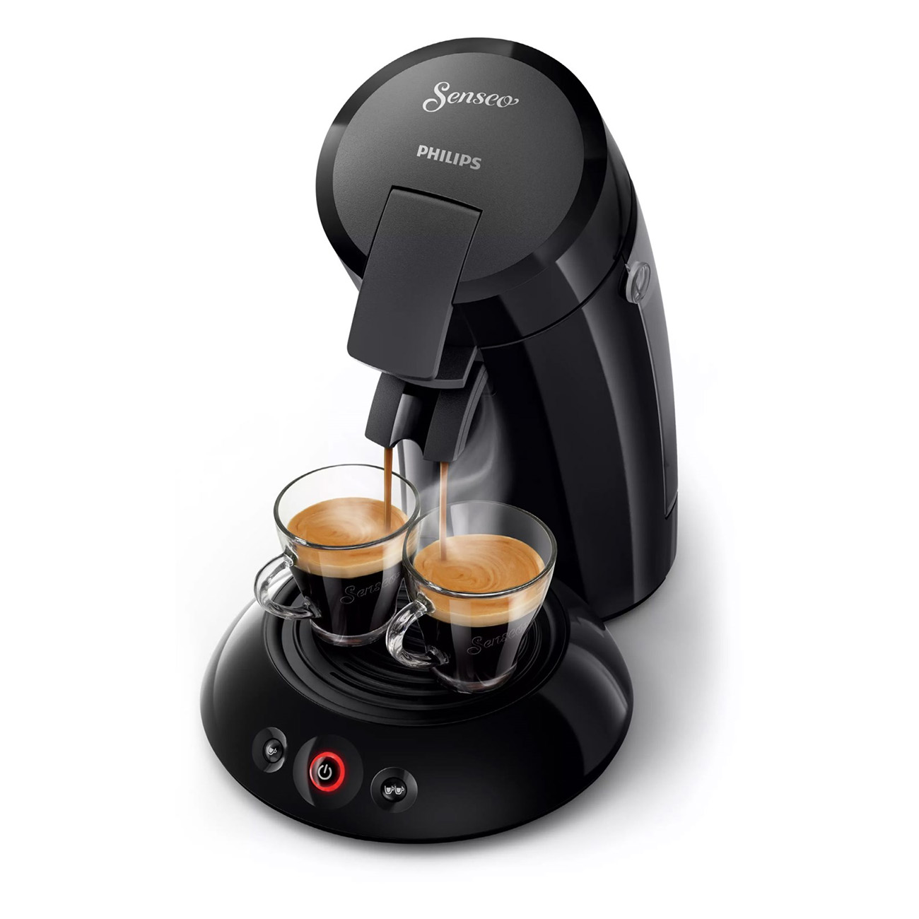 Czarny ekspres do kawy z dwoma szklankami, nalewający kawę. Jest na białym tle.