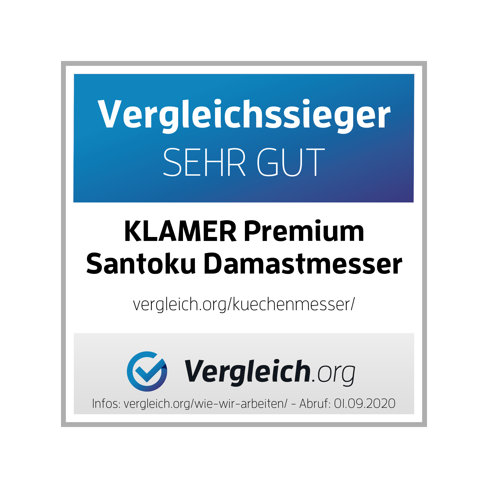 Ein Produktetikett zeigt 'Vergleichssieger SEHR GUT' und 'KLAMER Premium Santoku Damastmesser'.