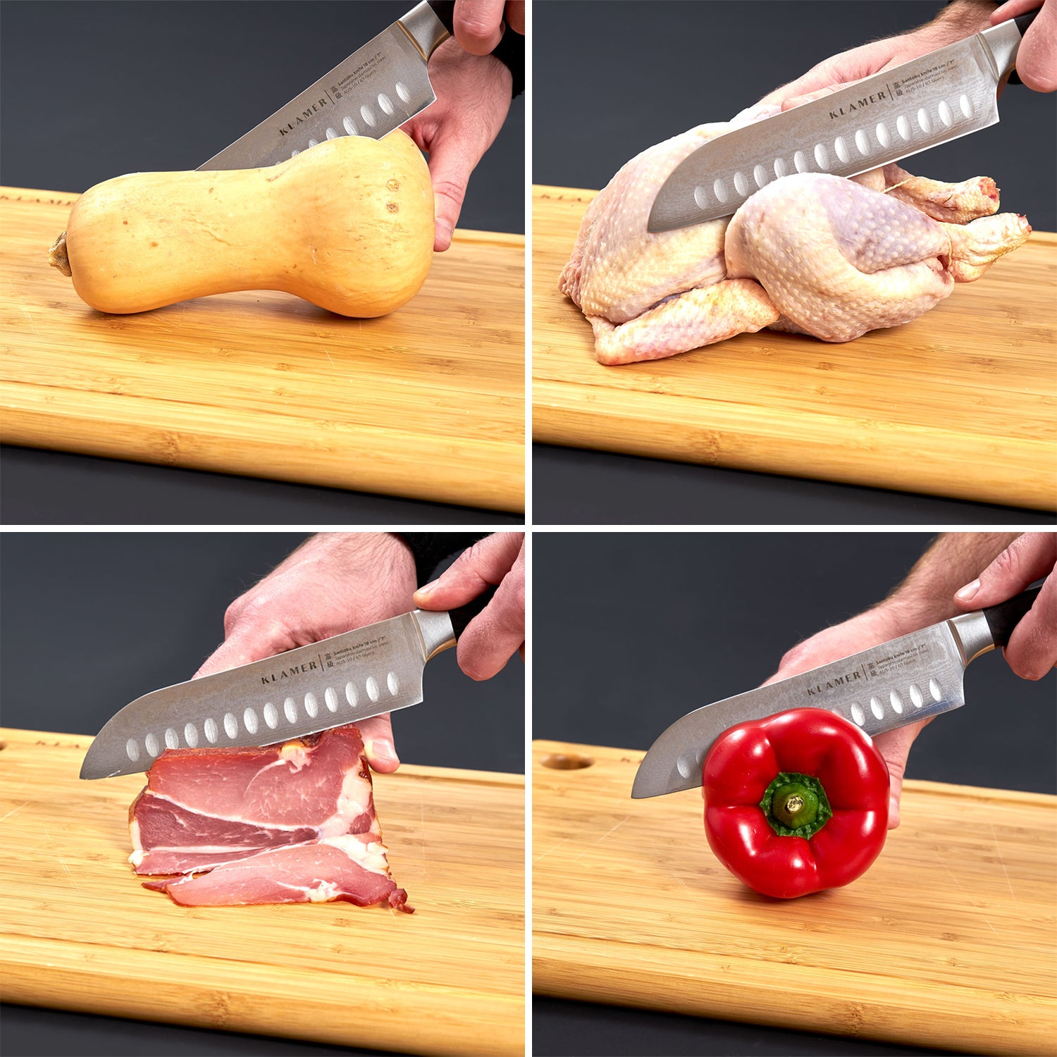 Vier Bilder zeigen Hände, die Zutaten mit einem Messer schneiden: Butternusskürbis, Huhn, Speck, Paprika.