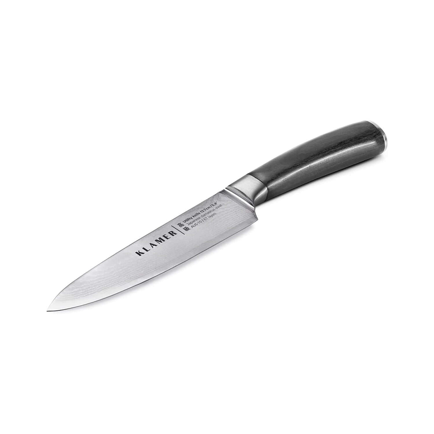 Ein Küchenmesser mit dunklem Holzgriff und silberner Klinge, platziert auf einer weißen Oberfläche.